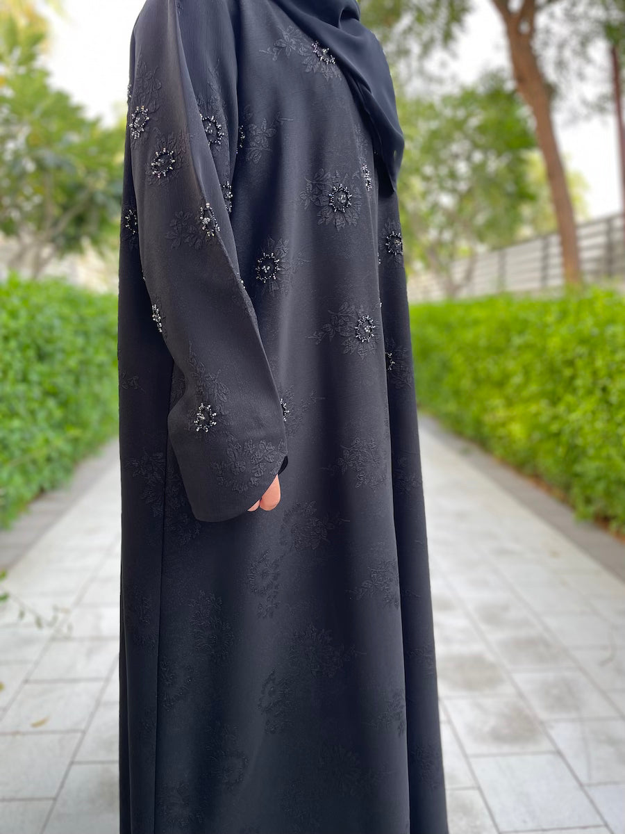 Elegant Black Open Abaya with Floral Embossed Design & Handcrafted Beading - Perfect for Muslim Women's Prayer, Eid Celebrations & Special Occasions