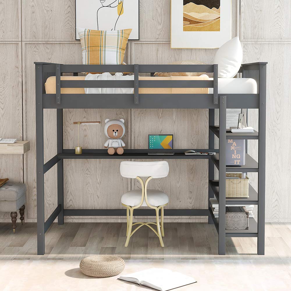 Rubber Wood Loft Bed with Storage Shelves & Desk - Full-Length Guardrail, Space-Saving Kids Bed Frame with Bookcase (Full Size, Gray) - No Box Spring Needed | Perfect for Small Bedrooms, Dorms & Kids' Rooms
