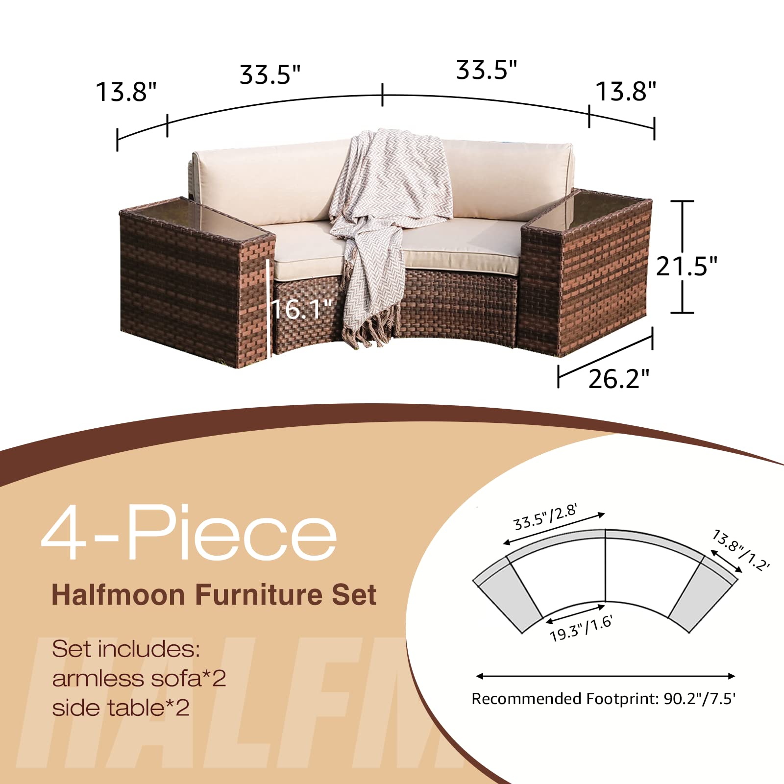 SUNSITT 4-Piece Outdoor Patio Furniture Set - Half Moon Curved PE Rattan Wicker Sectional Sofa with 2 Side Tables - Perfect for Garden, Poolside, and Backyard Relaxation