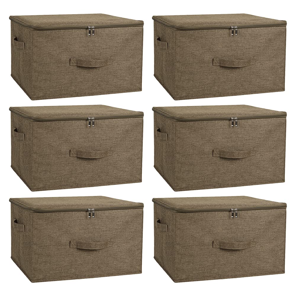 ANMINY 6-Piece Foldable Storage Bins with Zipper Lids & Handles - Extra Large PP Plastic Storage Boxes for Closet, Toys, Clothes Organization | Home & Office Storage Solutions | Coffee Color