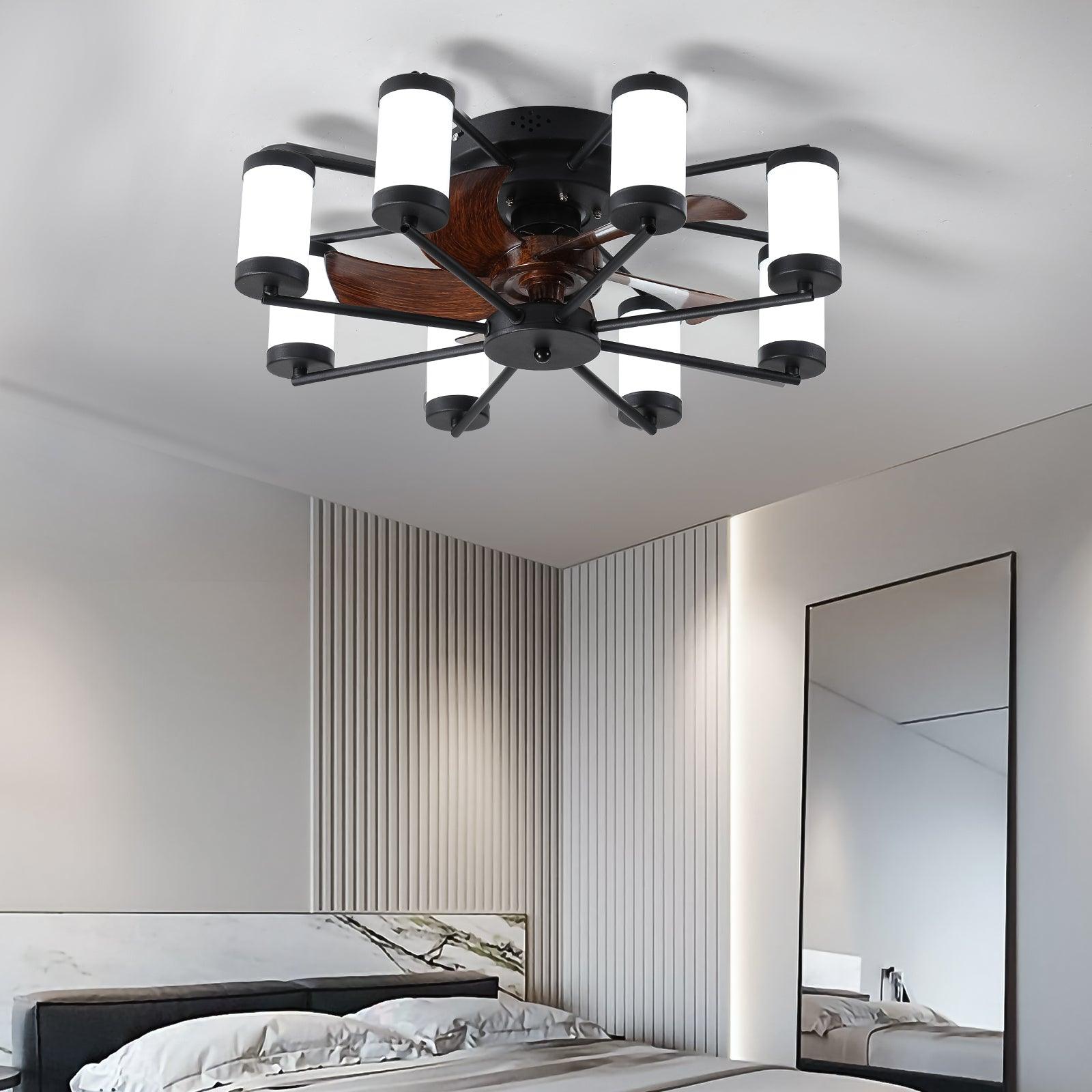 21.7 Inch Windmill Flush Mount Ceiling Fan with Light, Remote Control & Timer - Black - Perfect for Bedroom, Living Room, Kitchen & Office