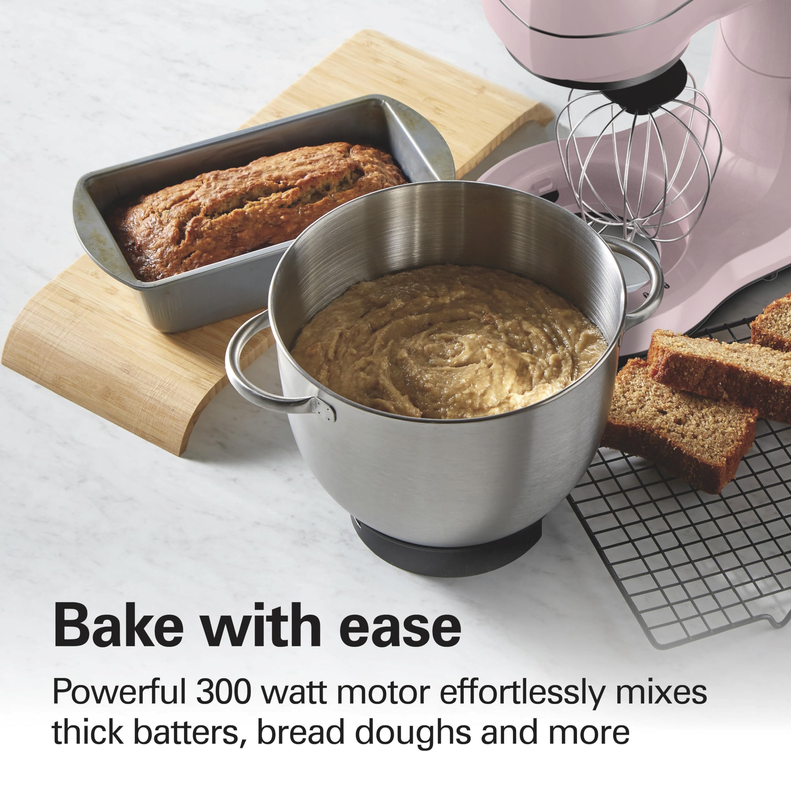 Hamilton Beach 4-Quart Electric Stand Mixer with Dough Hook, Flat Beater & Whisk - 7 Speed Settings & Splash Guard - Perfect for Baking Cakes, Cookies & Bread (Pink)