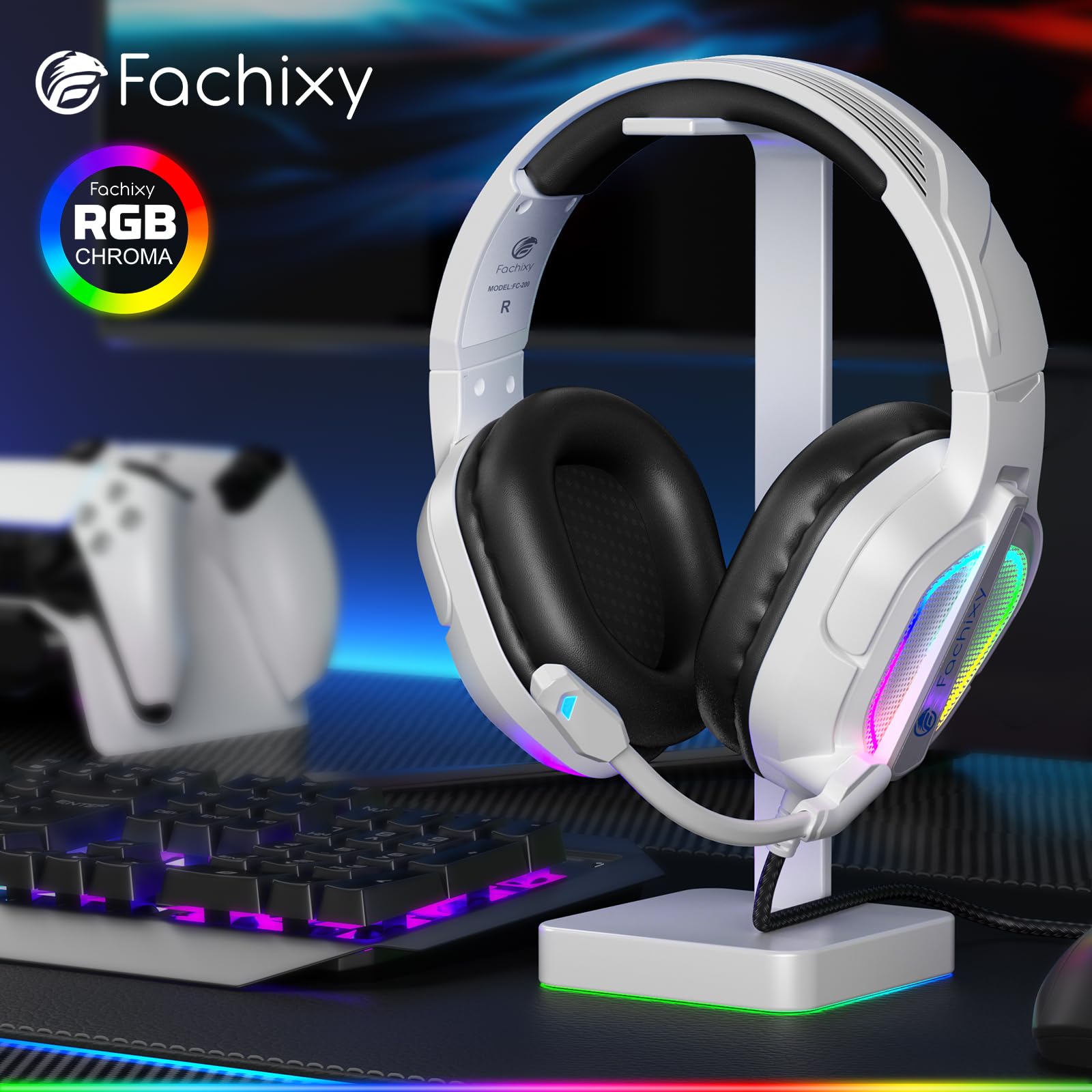 FC200 Gaming Headset with Noise Canceling Mic - Compatible with PS4, PS5, Xbox One, Switch, PC & Mac - 3.5mm Wired RGB Headphones for Streaming, Esports & Online Gaming