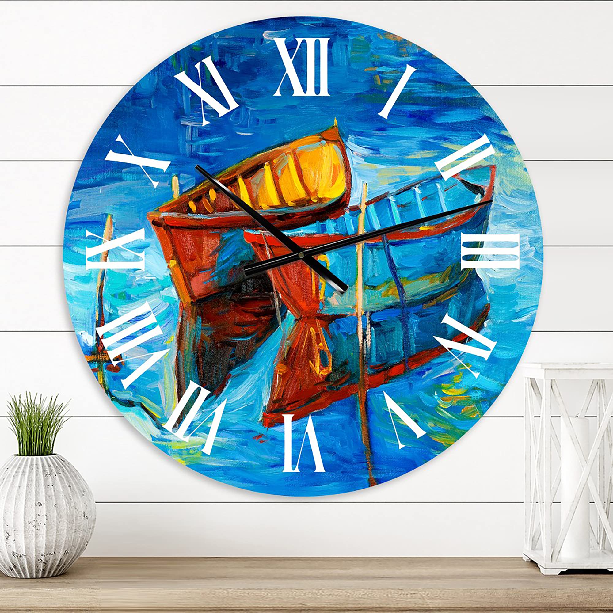 Nautical Coastal Wall Clock - Boat at Sunset Lake Scene, Blue Round Clock for Living Room, Kitchen, Office & Home Decor | Perfect for Beach House, Cottage & Coastal Style Interiors