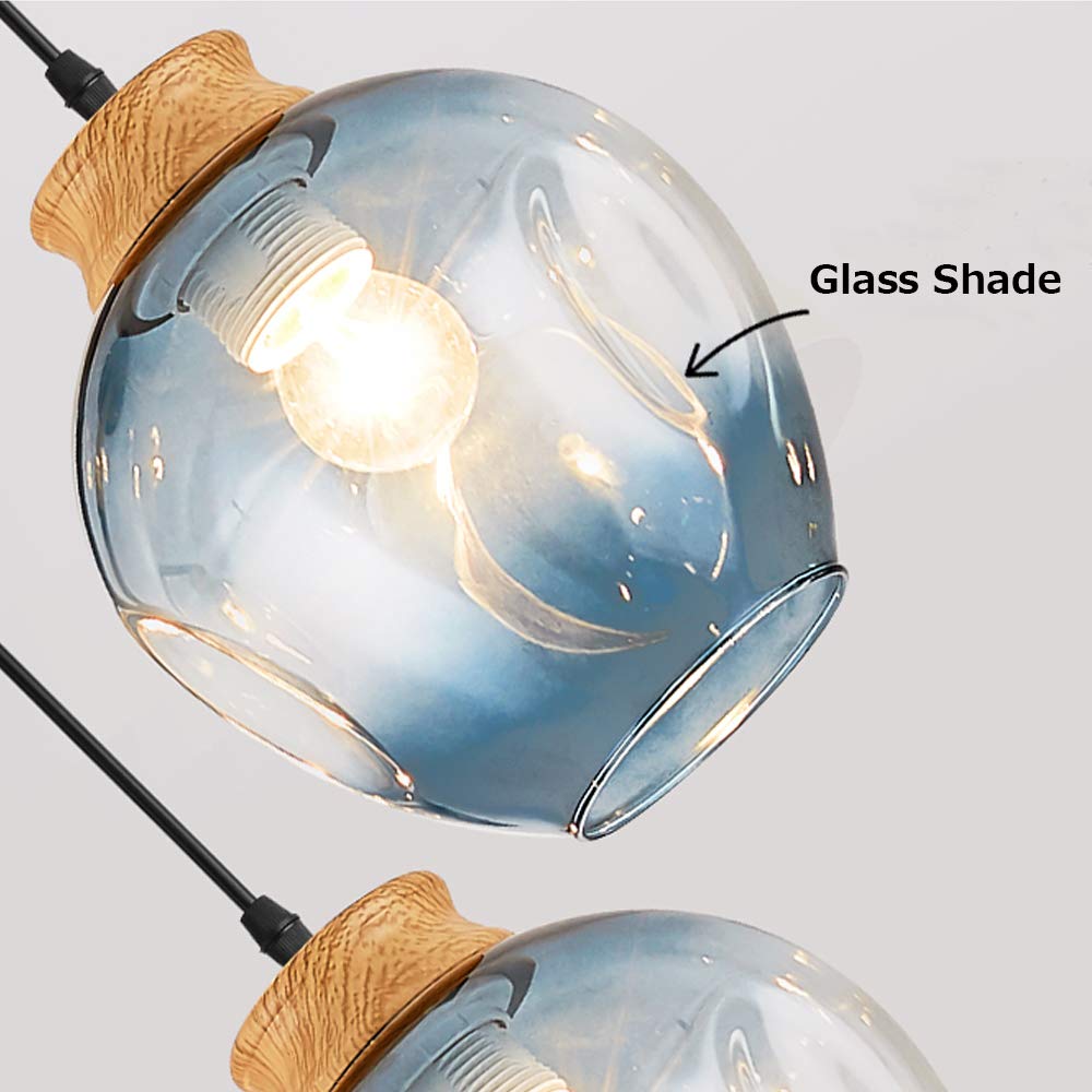 3-Light J-Shaped Track Pendant Lighting - Modern Nordic Blue Glass Shades with Wood Sockets, Dimmable Kitchen Island Lighting for Dining Room, Bar & Loft Spaces | Minimalist Retro Industrial Style Fixture
