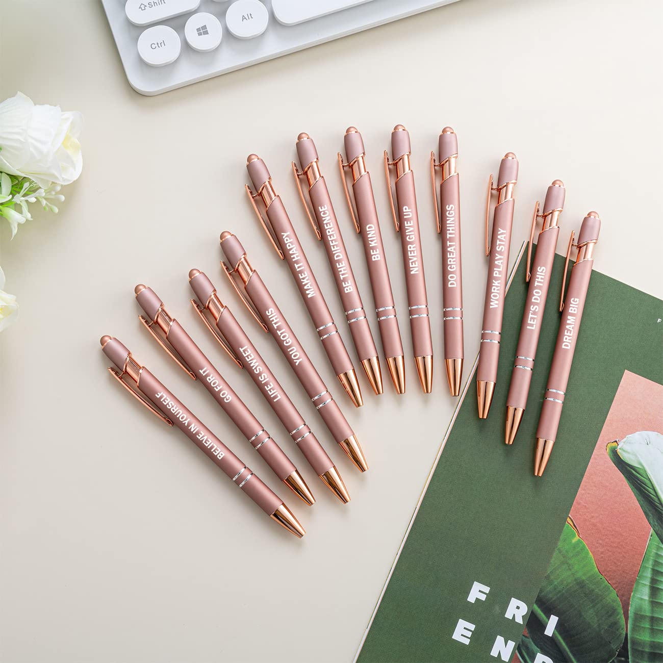 12-Pack Rose Gold Motivational Quote Pens - Touch Screen Stylus & Ballpoint Dual Tip, Inspirational Office Supplies with Black Ink (Rose Gold) - Perfect for Journaling, Note Taking & Gift Giving