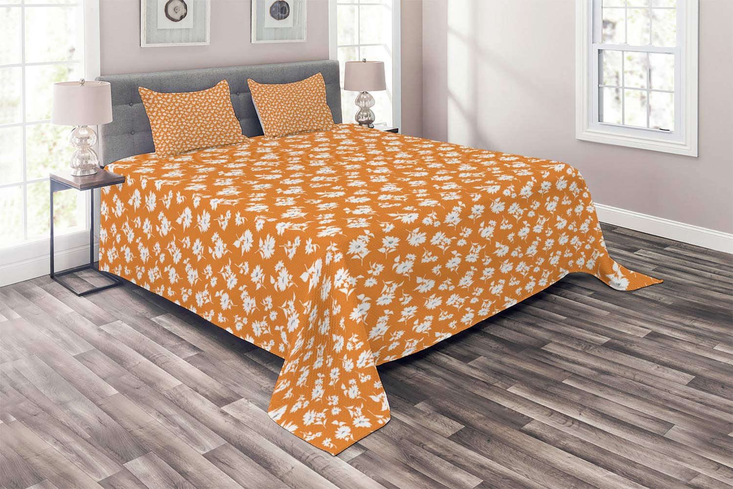 Ambesonne Retro 3-Piece King Size Quilted Bedspread Set with 2 Pillow Shams - Botanical Floral Dotted Design in Dark Orange, Grey & White - Cozy Bedroom Decor for Vintage & Boho Style Homes