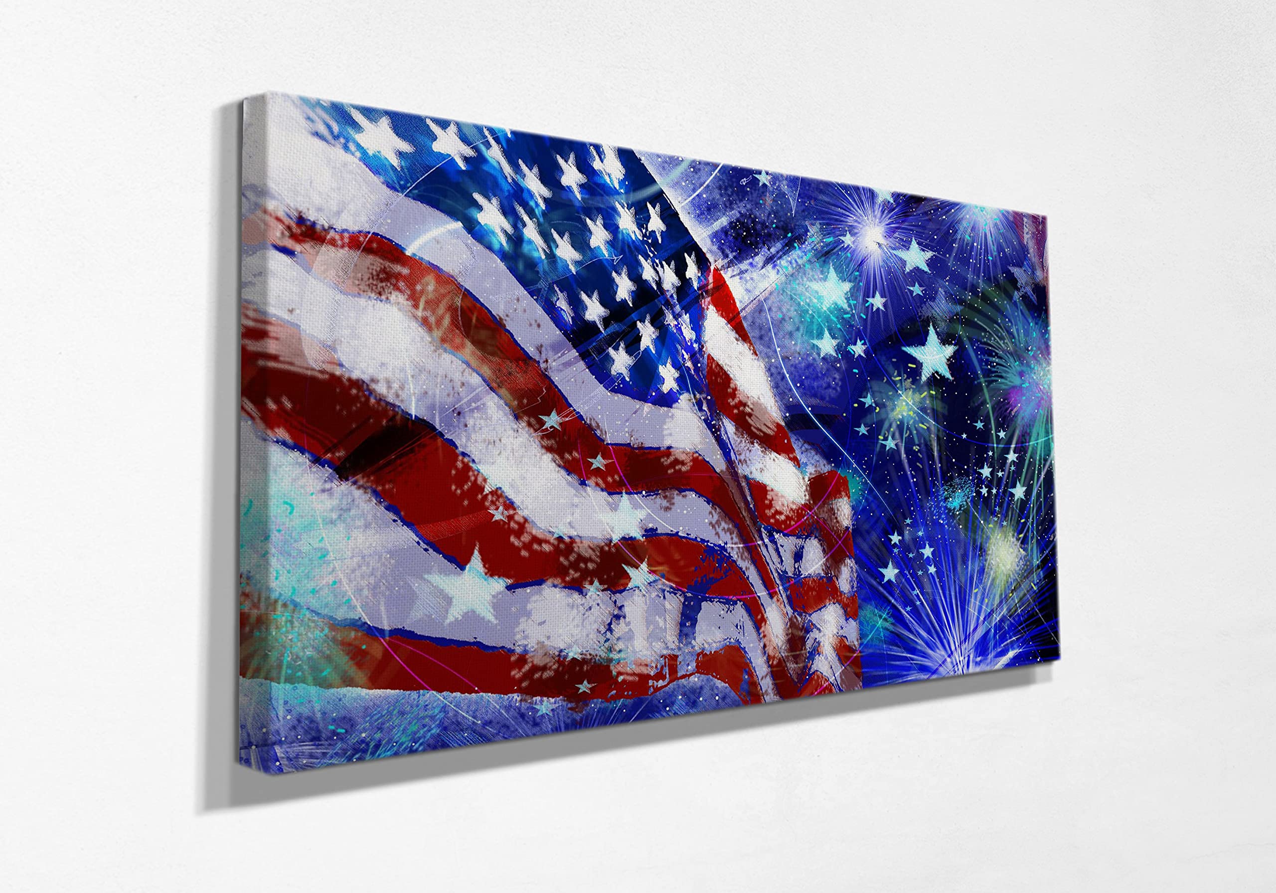 American Flag & Fireworks Canvas Wall Art - Framed Ready to Hang Decor for Bedroom, Living Room, Kitchen, Bathroom - Patriotic Home Decor (24x36 Inches) - Perfect for Independence Day, Memorial Day & Patriotic Themed Rooms