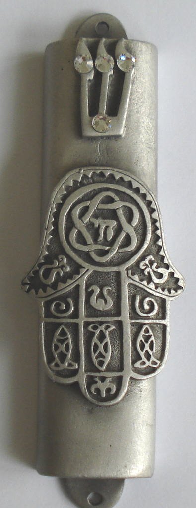 Pewter Mezuzah Chamsa with Kosher Scroll - Handcrafted Door Mezuzah for Jewish Home Blessing & Protection | Perfect for Housewarming Gifts & Front Door Decor