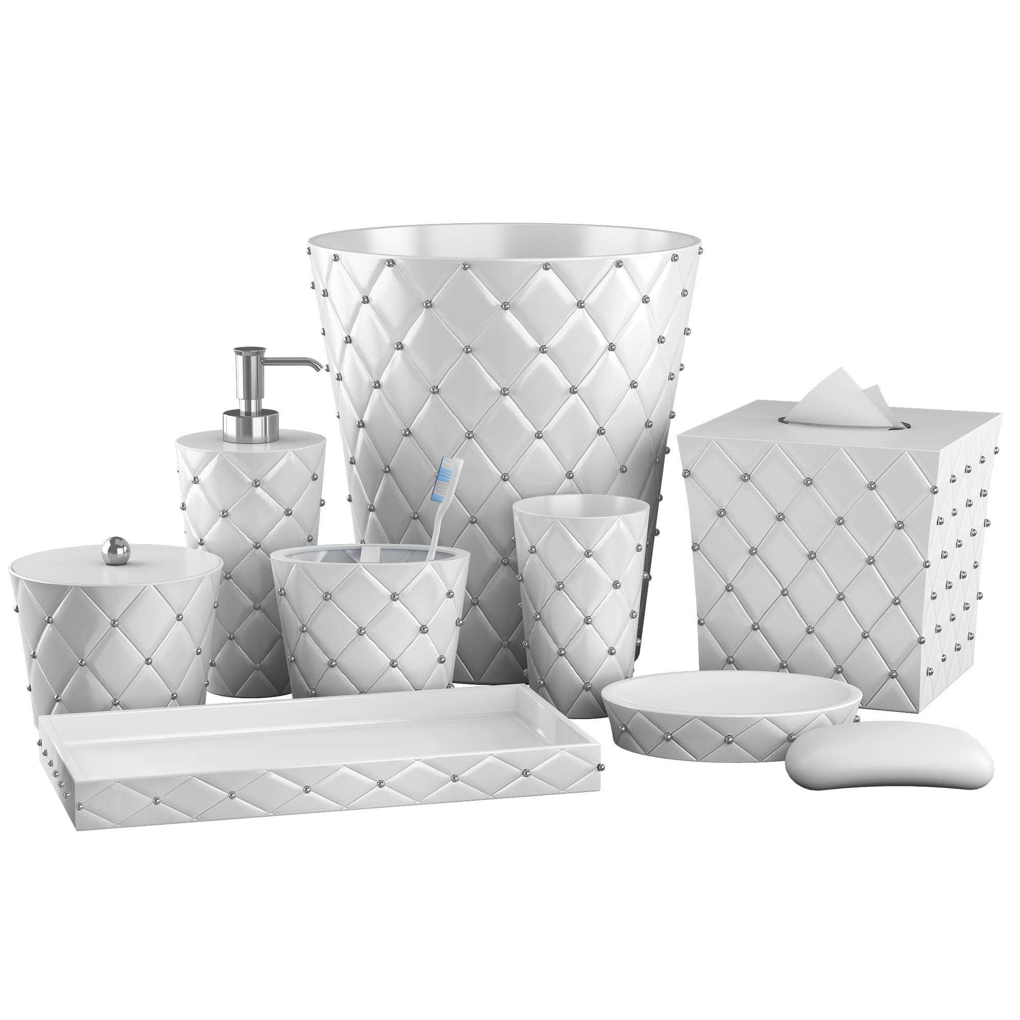Premium 8-Piece Ceramic Bathroom Accessories Set - Elegant White/Silver Vanity Organizer with Soap Dispenser, Toothbrush Holder, Waste Basket & More | Perfect for Modern Bathrooms, Guest Suites & Spa-Style Decor