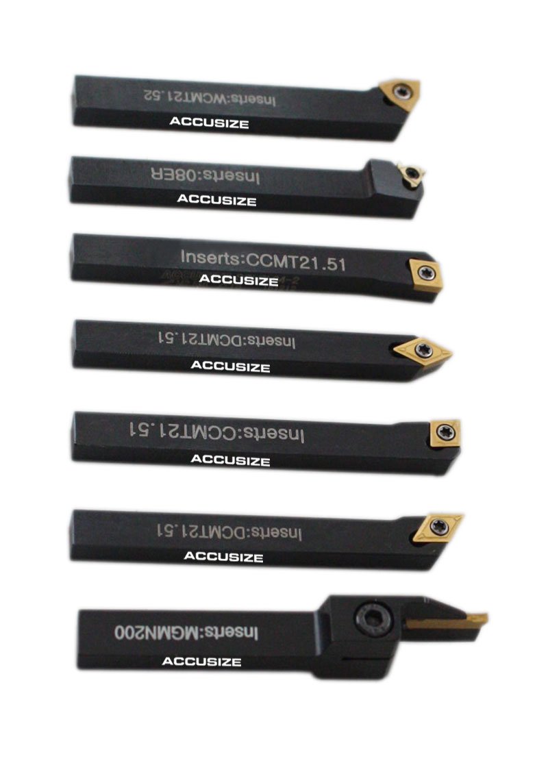 Accusize Industrial Tools 1/4'' Shank 7-Piece Indexable Carbide Turning Tool Set in Fitted Box, 2387-2001 - Perfect for Metal Lathe Turning, DIY Projects & Professional Machining