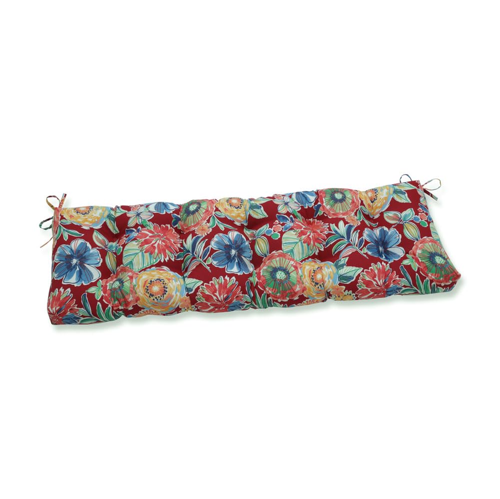 Pillow Perfect Bright Floral Indoor/Outdoor Sofa Cushion - Tufted Bench & Swing Pillow with Ties, Weather & Fade Resistant, 18x56 Inch, Red/Blue - Ideal for Patio Furniture, Garden Swing, and Porch Decor
