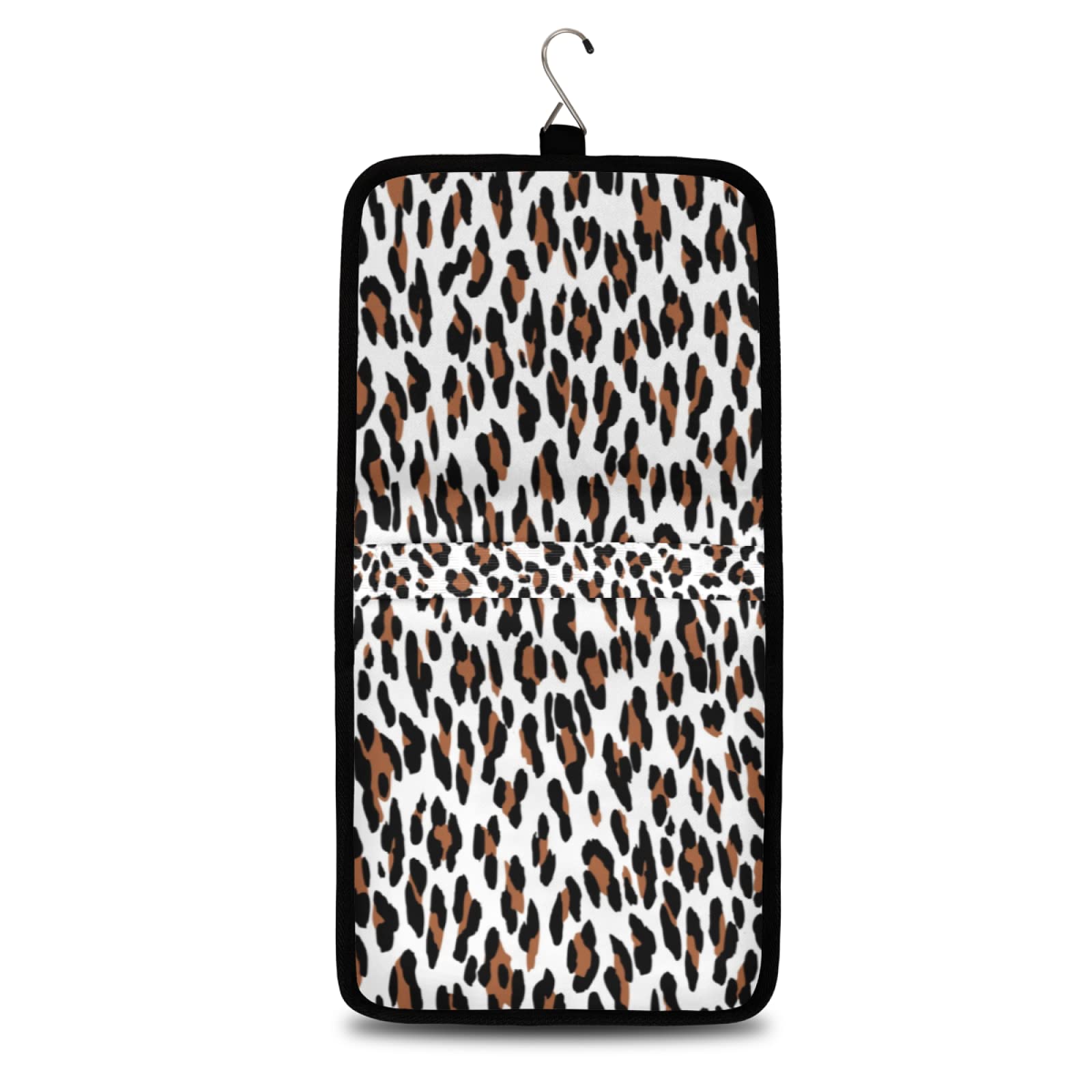 Black White Leopard Print Hanging Toiletry Bag - Waterproof Travel Cosmetic Organizer with Sturdy Hook for Makeup, Shower & Bathroom Essentials | Perfect for Vacation, Gym & Camping Trips