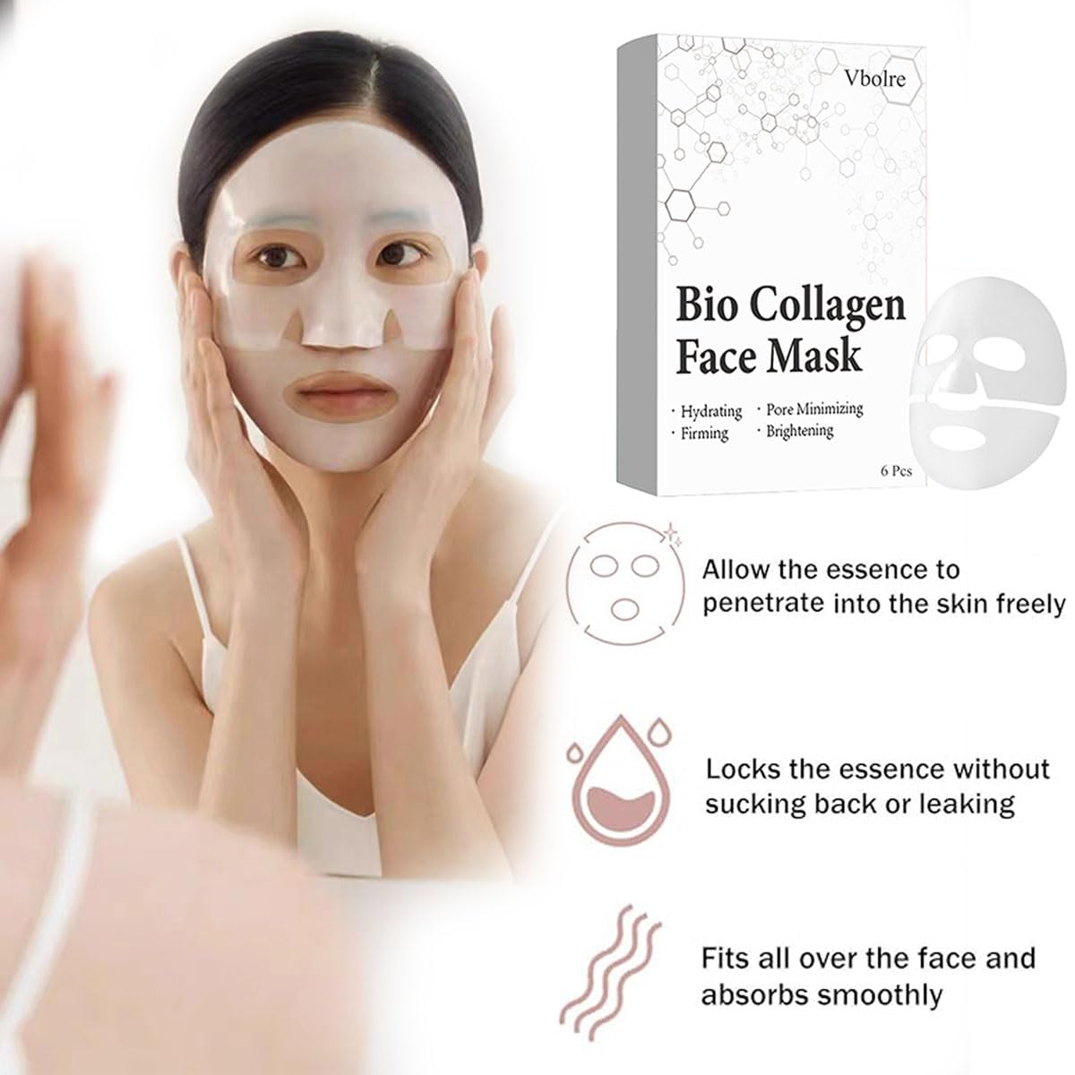 Bio Collagen Face Mask 6 Sheets - Korean Skincare Deep Hydration Overnight Mask for Anti-Wrinkle & Lifting - Pure Collagen Facial Sheet Masks for Glowing Skin | Perfect for Night Routine, Spa Days & Self-Care