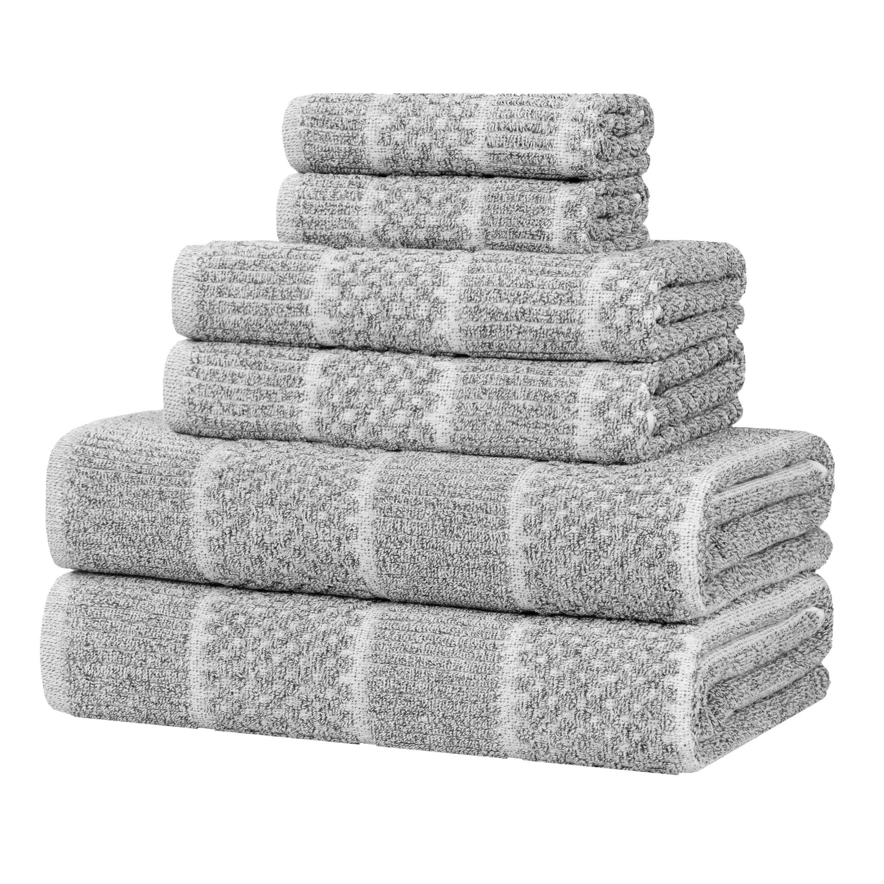 Premium 6-Piece Cotton Blend Towel Set - Medium Weight, Checkered & Ribbed Design - Soft & Absorbent Bath Towels for Spa, Guest Bathroom & Beach Use