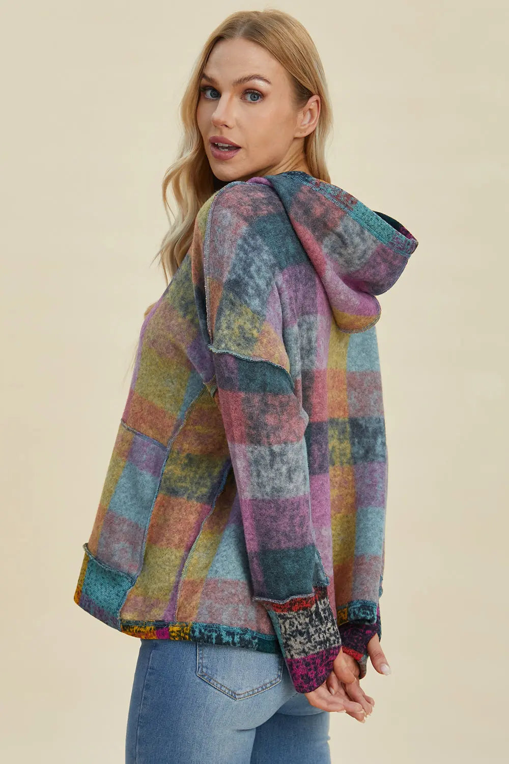 Double Take Full Size Plaid Dropped Shoulder Hoodie - Cozy Oversized Sweatshirt for Men & Women - Perfect for Casual Wear, Loungewear, and Outdoor Activities