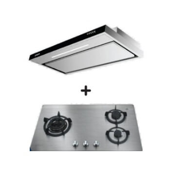 Ellane EH 2990 90cm Stainless Steel Slimline Range Hood with Ellane OS 812SV 86cm 3-Burner Gas Cooktop - Modern Kitchen Ventilation & Cooking Solution for Home Chefs
