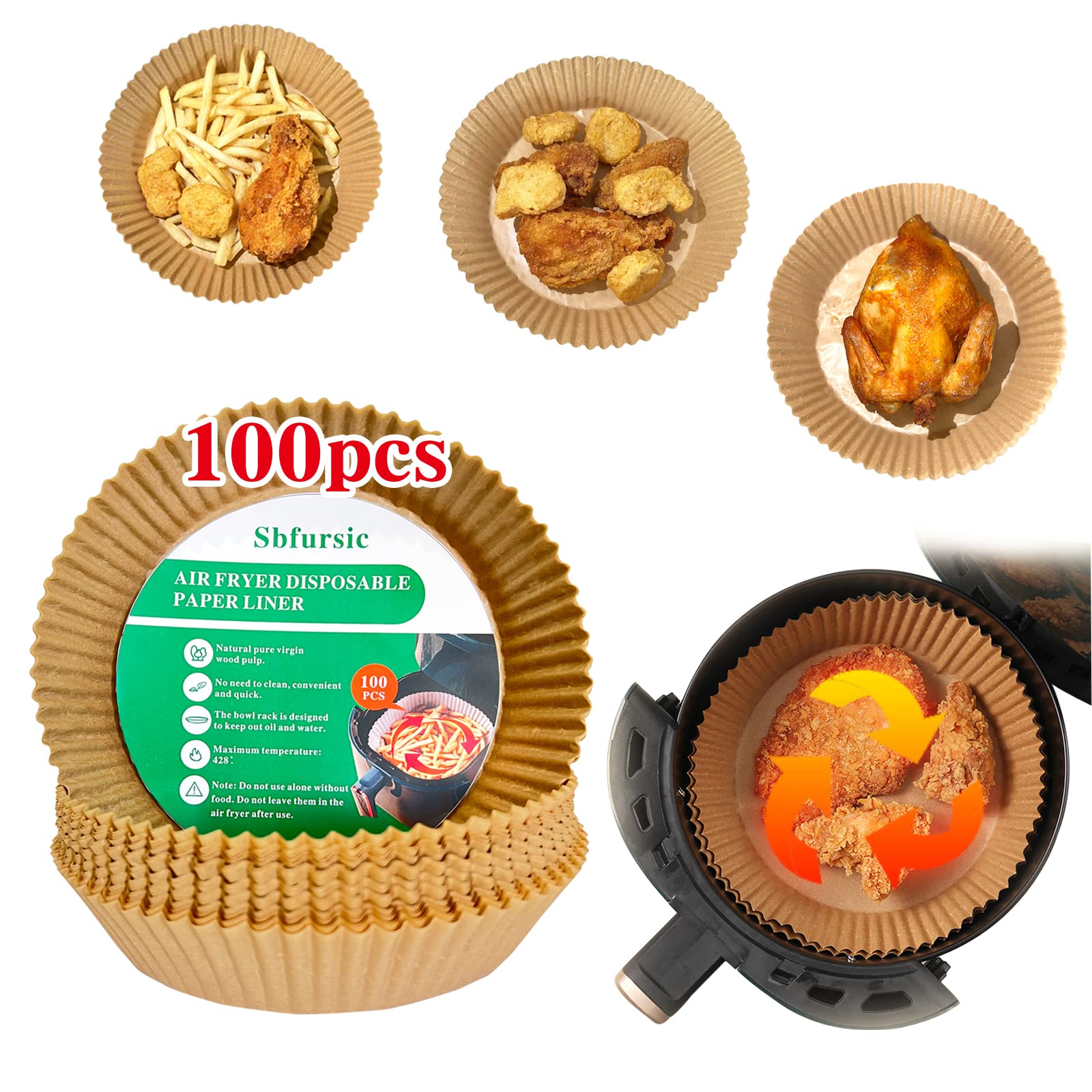 100PCS Air Fryer Disposable Paper Liners - Non-Stick Parchment Sheets for Air Fryer Basket - Perfect for Cooking, Baking & Frying - Safe & Easy Cleanup