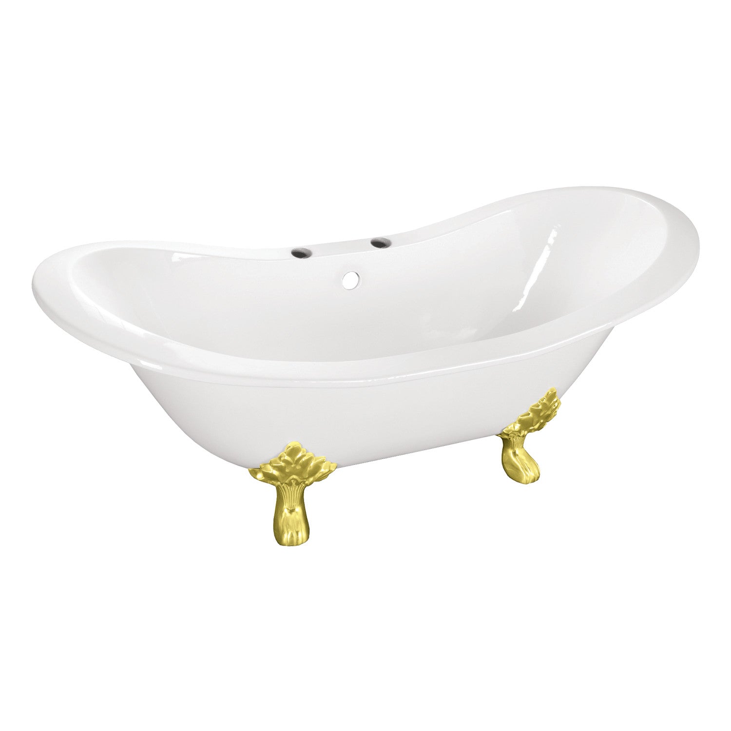 Aqua Eden 61 Inch White Cast Iron Oval Double Slipper Clawfoot Bathtub with Polished Brass Faucet - Vintage Freestanding Soaking Tub for Luxury Bathroom & Spa Retreat