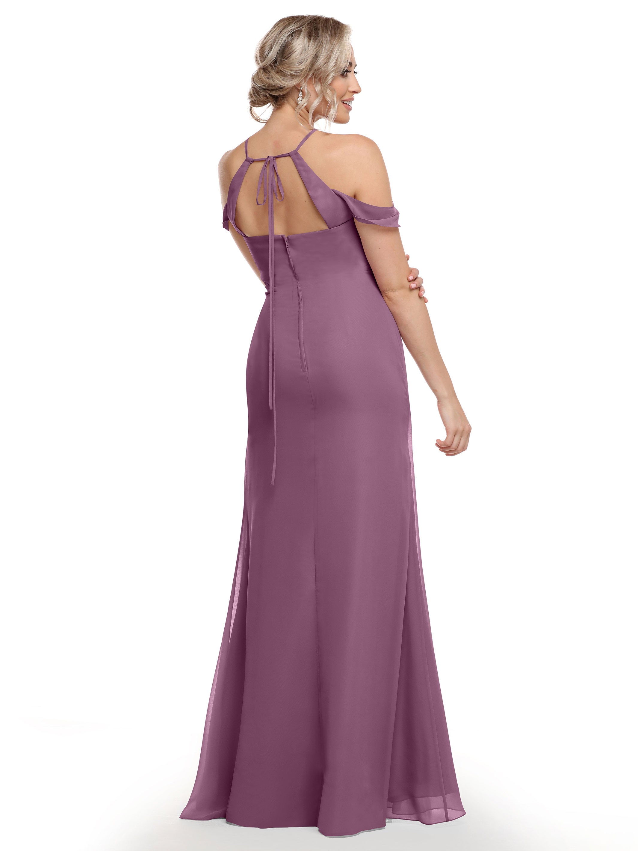 Elegant Off-the-Shoulder Chiffon Bridesmaid Dress with Halter Neckline - Perfect for Weddings, Formal Events & Special Occasions