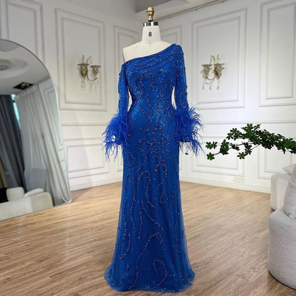 Elegant Blue Mermaid One-Shoulder Beaded Feather Evening Gown for Women | Luxury Wedding Party Dress 2025 | Perfect for Formal Events, Prom, Red Carpet & Special Occasions