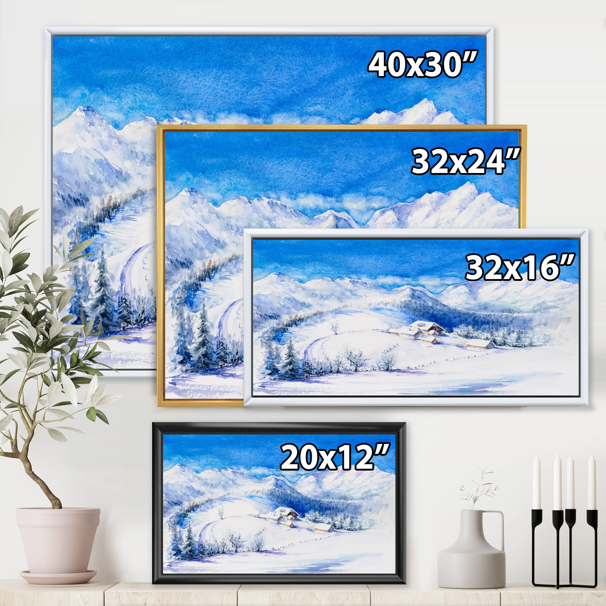 DesignQ Winter Mountain Landscape With Wooden House - Traditional Framed Canvas Wall Art Print for Living Room, Bedroom & Office Decor