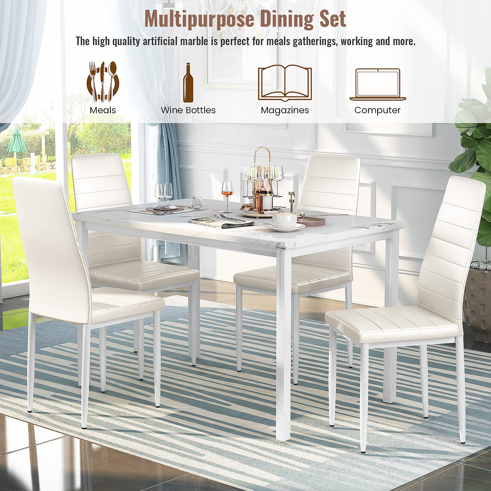 Modern 5-Piece Dining Table Set for 4 - White Faux Marble Kitchen Table with Upholstered Leather Chairs | Space-Saving Dining Room Furniture for Small Spaces, Breakfast Nook & Apartment Dinette | Perfect for Family Meals, Entertaining Guests & Cozy Dining