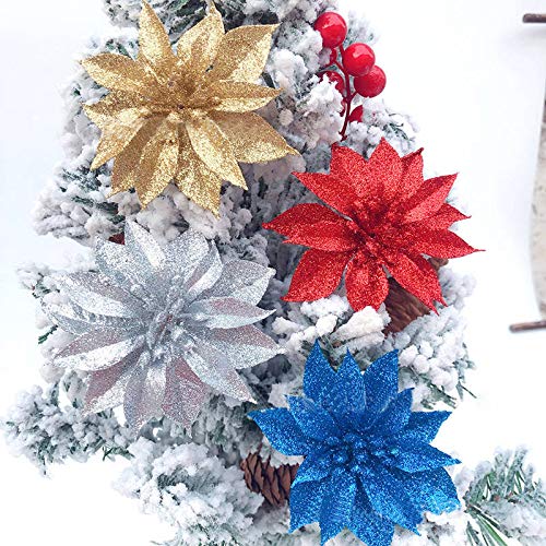 24 Pack Artificial Poinsettia Flowers with Glitter - 3.75 Inch Red Christmas Clip On Ornaments for Tree Decor, Wreaths, Gift Wrapping & Holiday Home Decoration