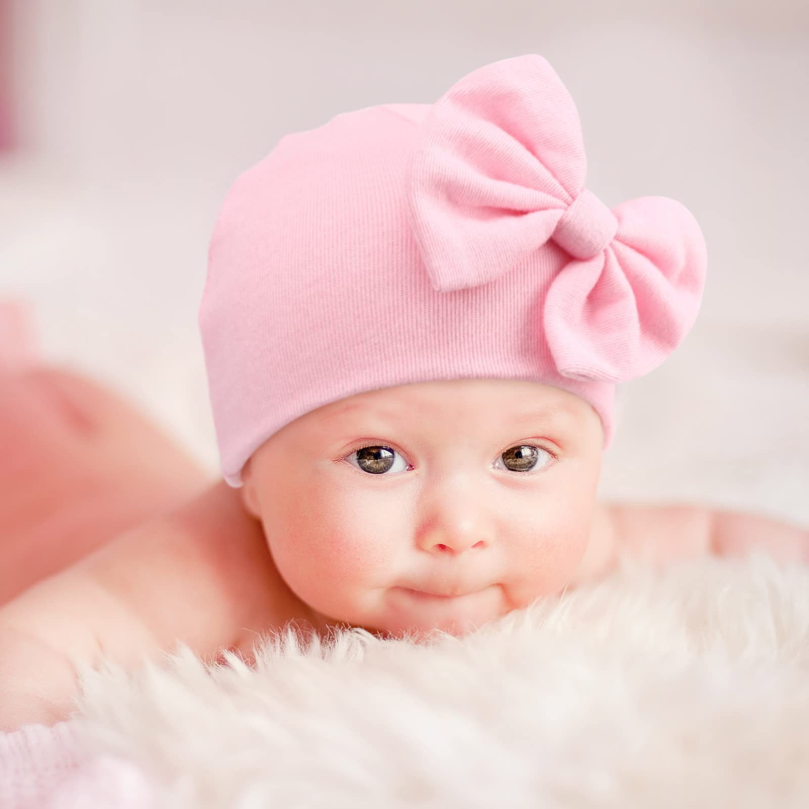 Adorable Baby Girl Cotton Beanie Hat with Bow - Soft Newborn to Toddler Cap (0-24 Months) - Perfect for Hospital Photos, First Outings & Special Occasions