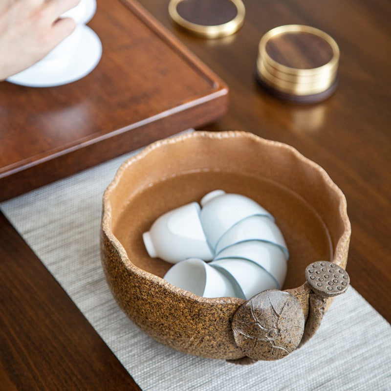 Handmade Coarse Pottery Lotus Tea Washer - Ceramic Tea Cup Cleaner for Loose Leaf & Matcha - Perfect for Tea Ceremonies, Zen Meditation & Japanese Tea Sets