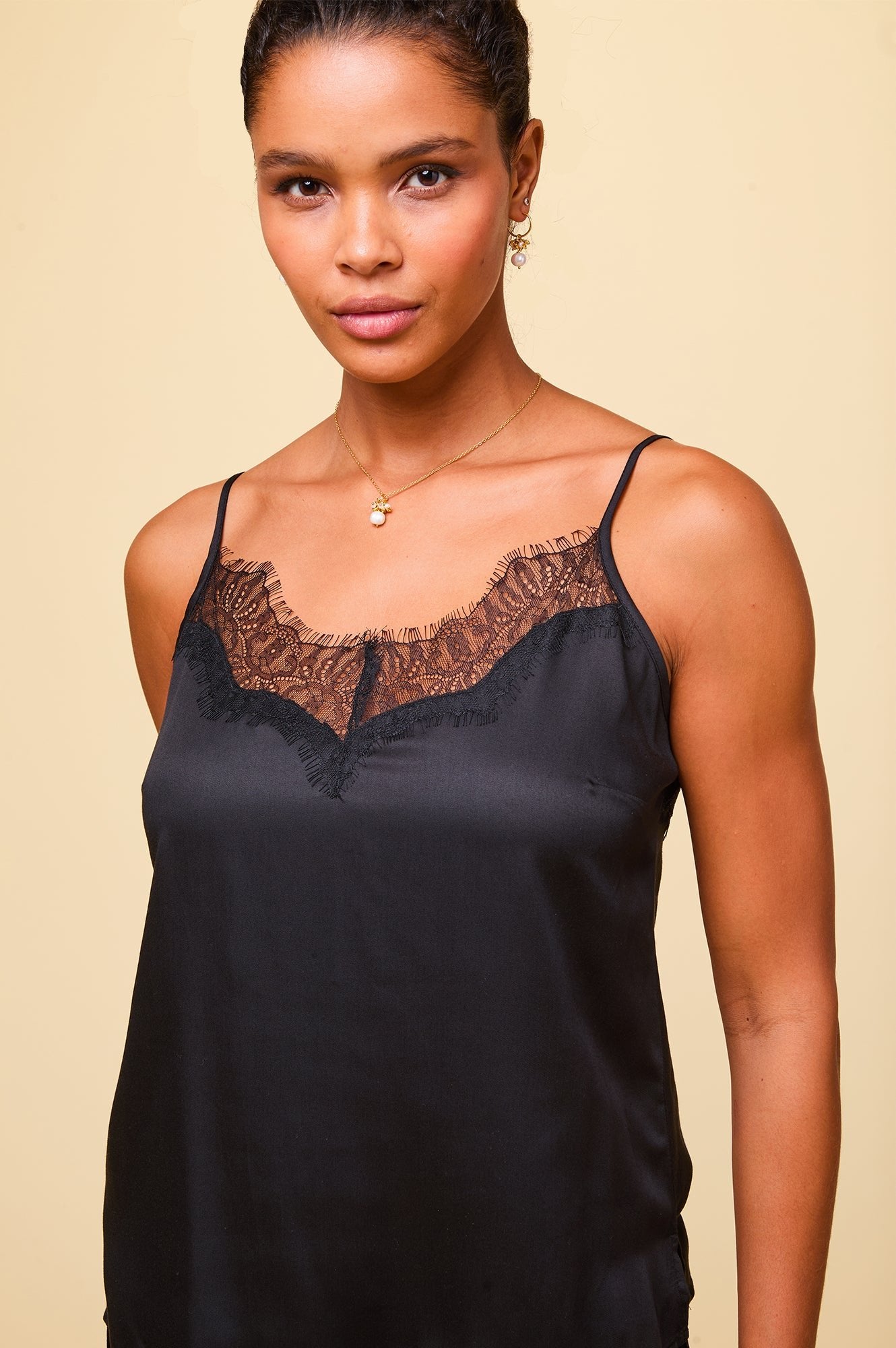 Black Satin Lace Cami Top for Women - Elegant Sleepwear & Loungewear for Nighttime Comfort