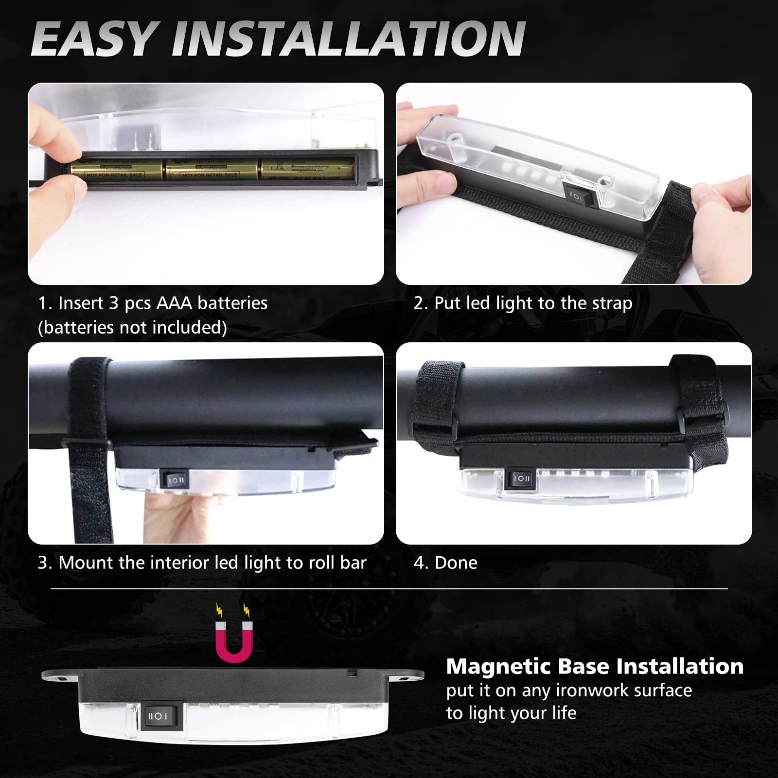 Universal UTV Dome Light - Rechargeable Magnetic Roll Bar Interior Light for Polaris RZR, Can-Am, ATV, Truck & Off-Road Vehicles | Waterproof Cab Lighting for Night Rides & Camping Adventures (White)