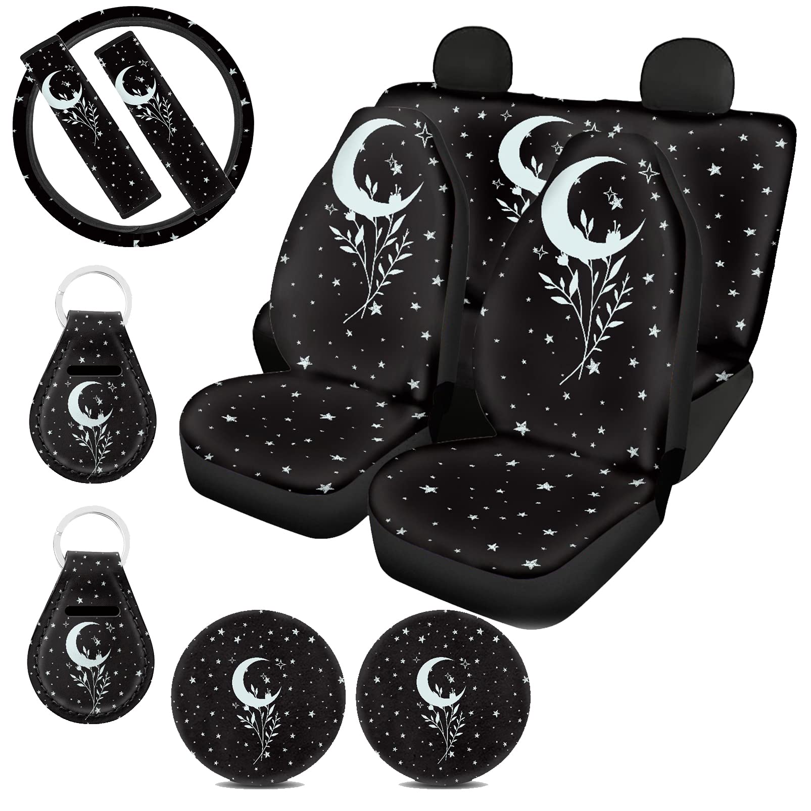 11-Piece Moon Star Car Seat Cover Set for Women & Men - Cute Steering Wheel Cover, Seat Belt Pads, Cup Coaster Holder & Keyring - Universal Fit for Auto, Truck, Van, SUV (Black) - Perfect for Road Trips, Daily Commutes & Car Decor
