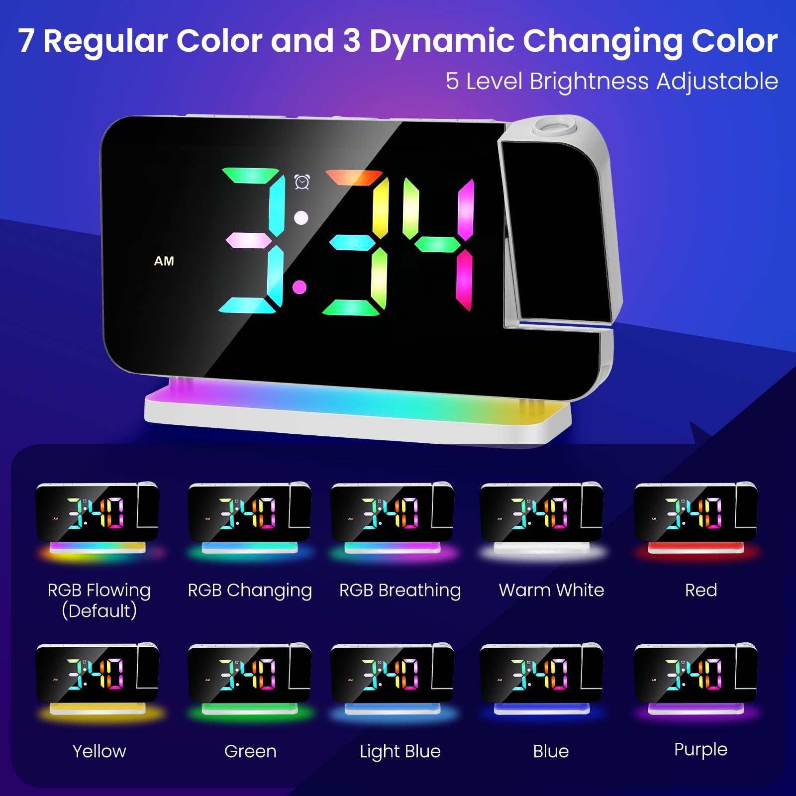 Digital Projection Alarm Clock with LED Mirror Display - 180° Rotatable Projector, RGB Night Light, USB Charger, Auto Dimmer & Snooze Function | Perfect for Bedrooms, Home Office & Travel (White)