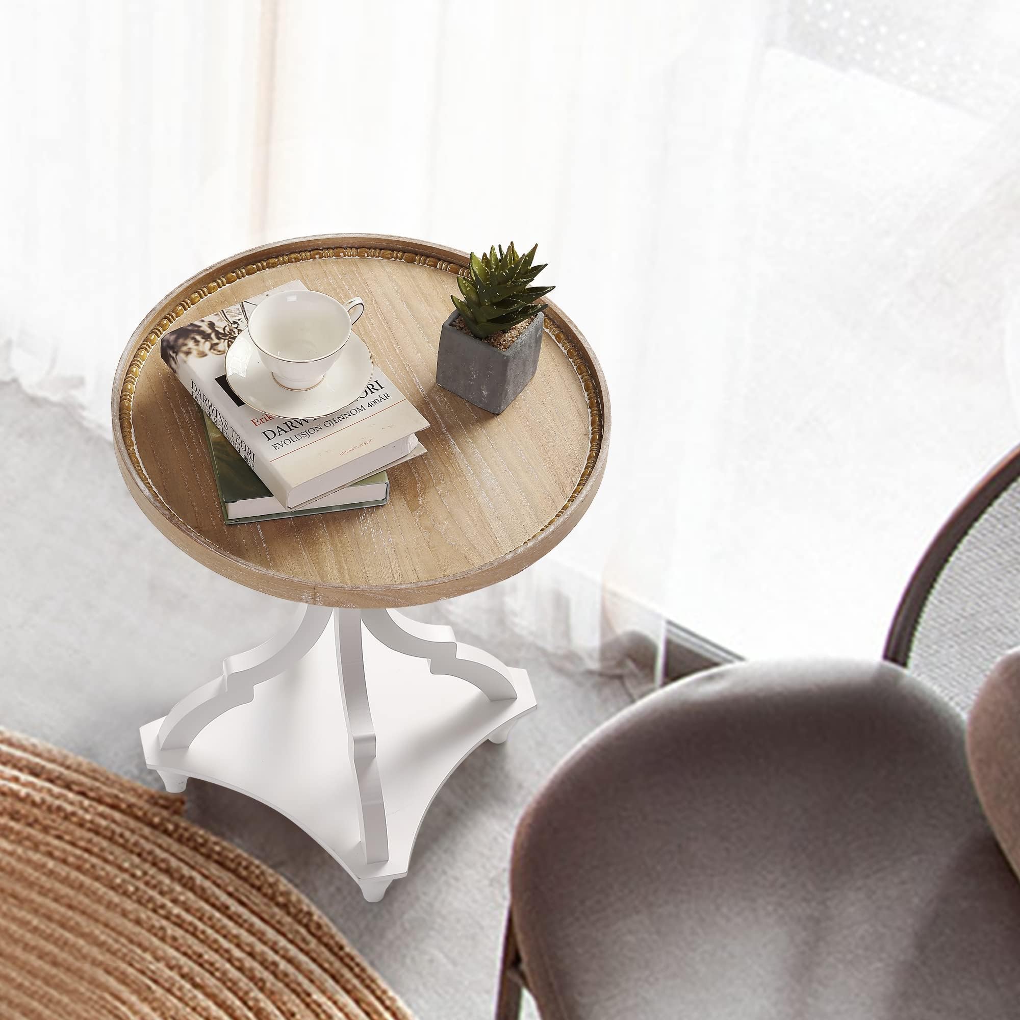 Wnutrees Farmhouse Round Accent End Table Set of 2 - Rustic Wood Side Table & Nightstand with Tray Top, Handcrafted White Finish - Perfect for Living Room, Bedroom & Cozy Home Decor