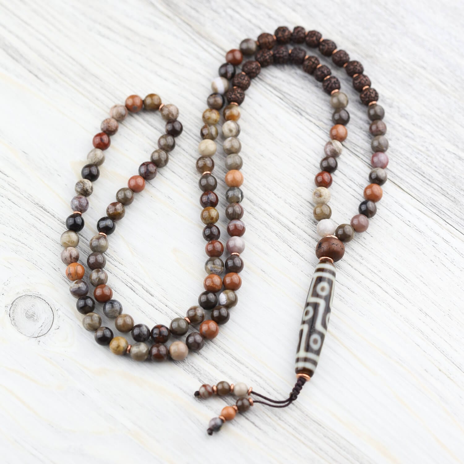 9 Eye Dzi Beads & Petrified Wood Mala Bracelet - Tibetan Buddhist Prayer Beads for Meditation, Spiritual Protection & Energy Healing