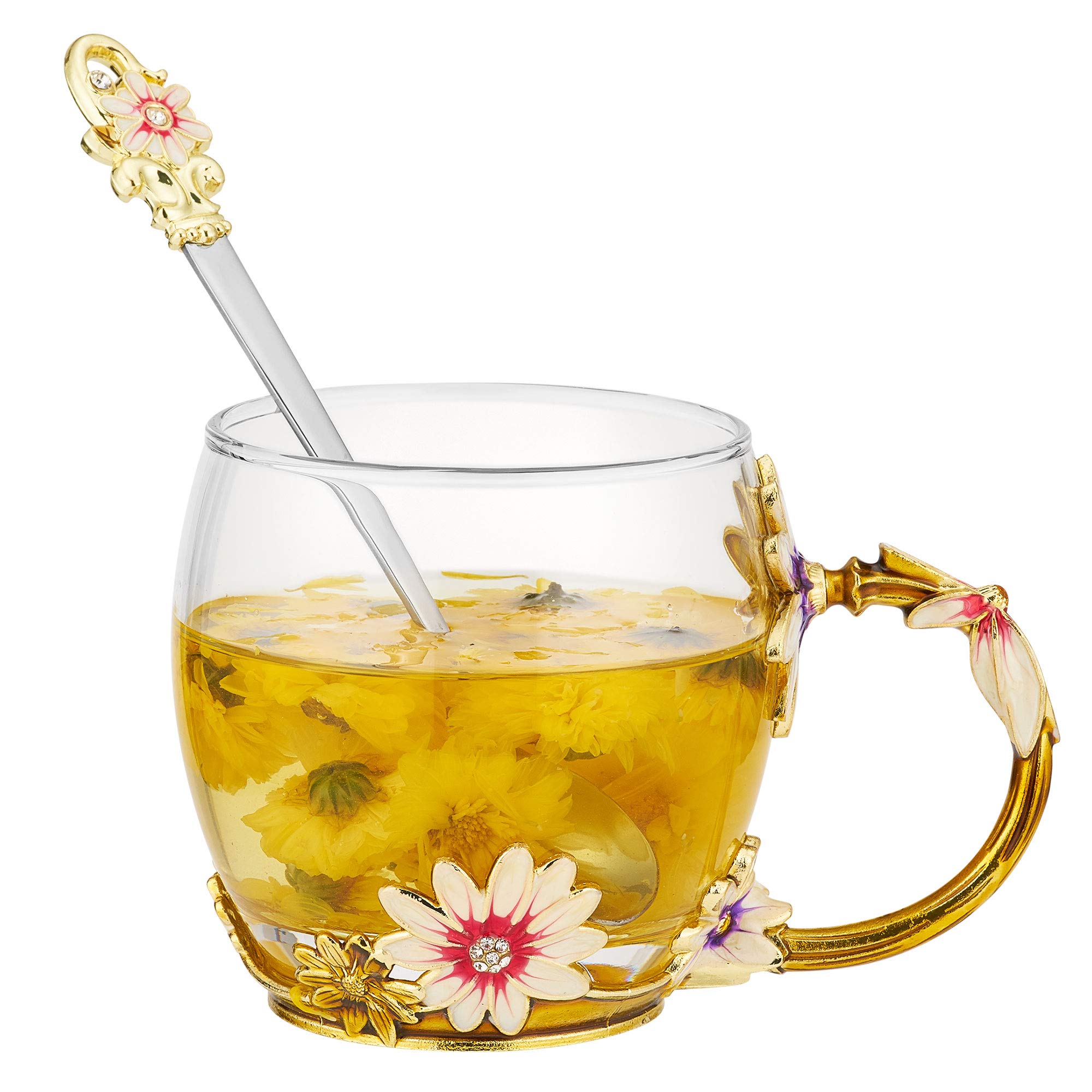 Floral Enamel Glass Teacup & Coffee Mug Set with Spoon & Tea Towel - Elegant Gift for Women (Mom, Wife, Sister, Girlfriend) - Perfect for Christmas, Thanksgiving, New Year Gifts - Ideal for Tea Parties, Afternoon Tea, Home Decor & Special Occasions