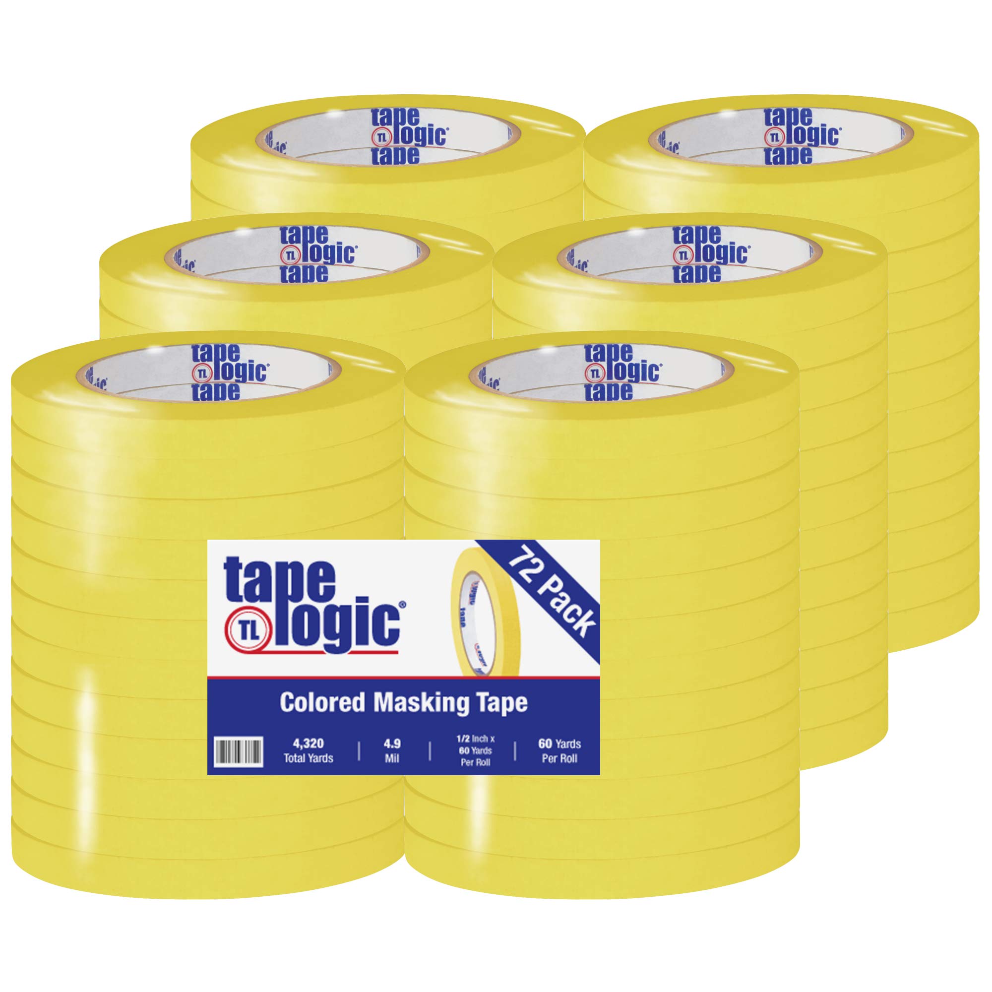 Aviditi Tape Logic 1/2 Inch x 60 Yards Colored Masking Tape - Yellow (72 Pack) | Multipurpose Adhesive Tape for Home, Office, Arts & Crafts, DIY Projects, Labeling & Coding | Perfect for Painting, Packaging, Organizing & School Projects