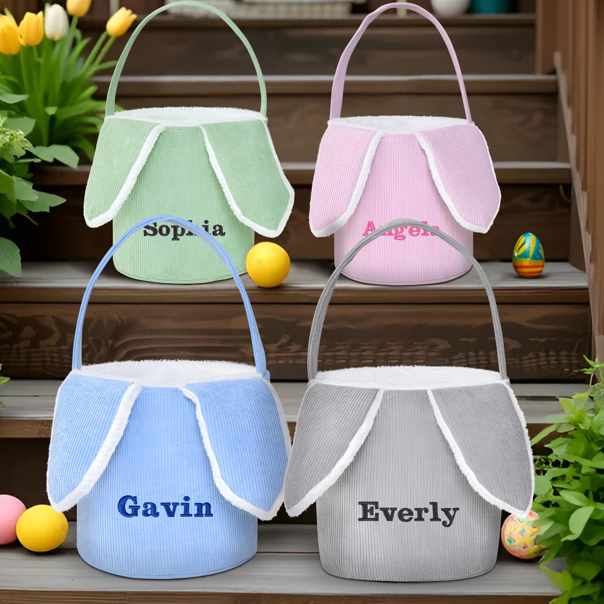 Personalized Easter Baskets for Kids - Blue Bunny Ear Easter Basket with Handle for Egg Hunt, Easter Party & Spring Decor | Jocidea Easter Gift Basket for Boys & Girls