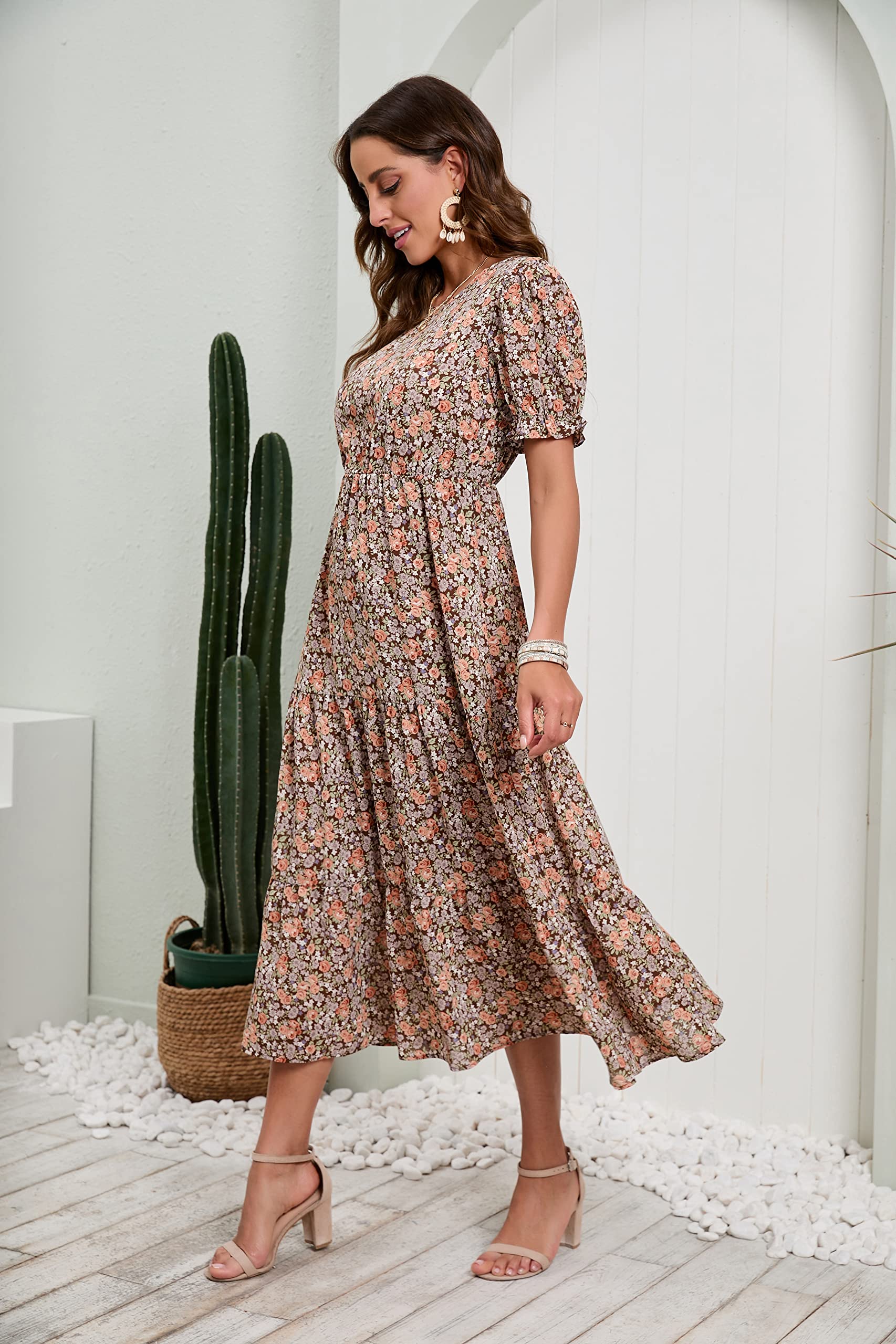 GRECERELLE Women's 2025 Spring Summer Casual Loose Boho Dress with Ruffle Puff Sleeves & High Waist | Flowy Midi Dress for Beach, Vacation & Everyday Wear