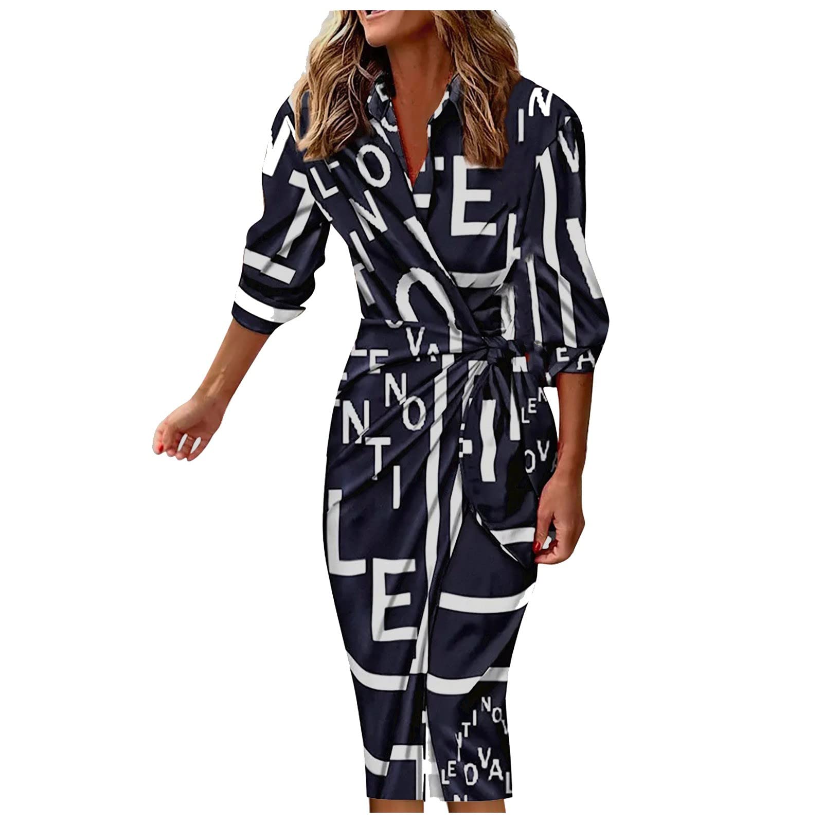 Stylish Mebamook Women's Printed Striped Sport Dress with Shirt Collar & Long Sleeves - Mid-Length Tie Waist One-Piece Dress for Casual Outings, Office Wear & Spring 2024 Fashion