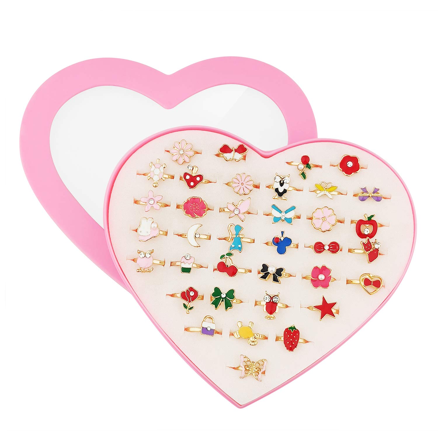 36 pcs Adjustable Rings for Kids - No Duplicate Pretend Play Jewelry Set with Heart-Shaped Display Case | Perfect for Dress-Up, Birthday Gifts & Role-Playing Games