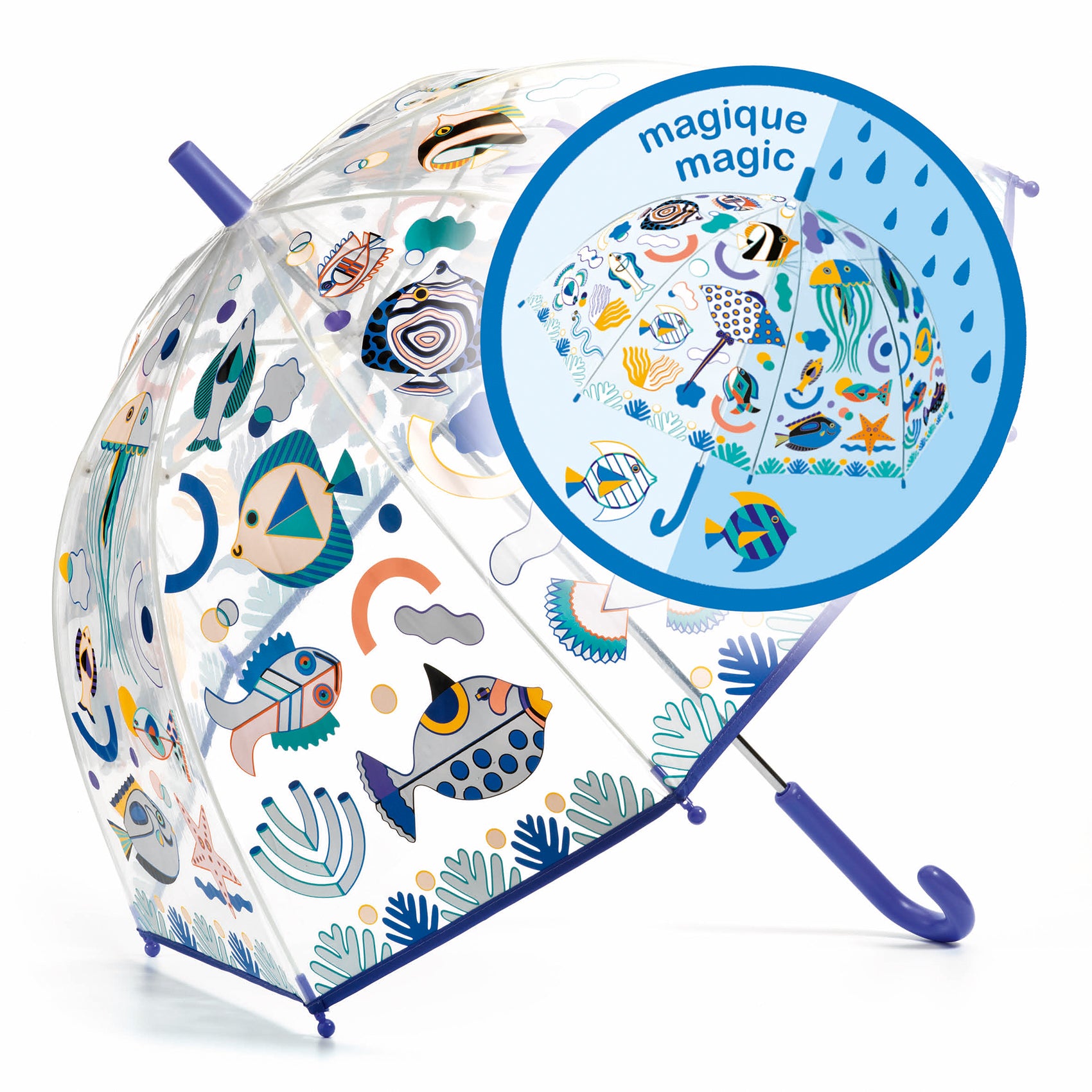 Djeco Color Changing Fish Umbrella - Fun & Unique Kids Rain Umbrella for Outdoor Play, Beach & Pool Parties