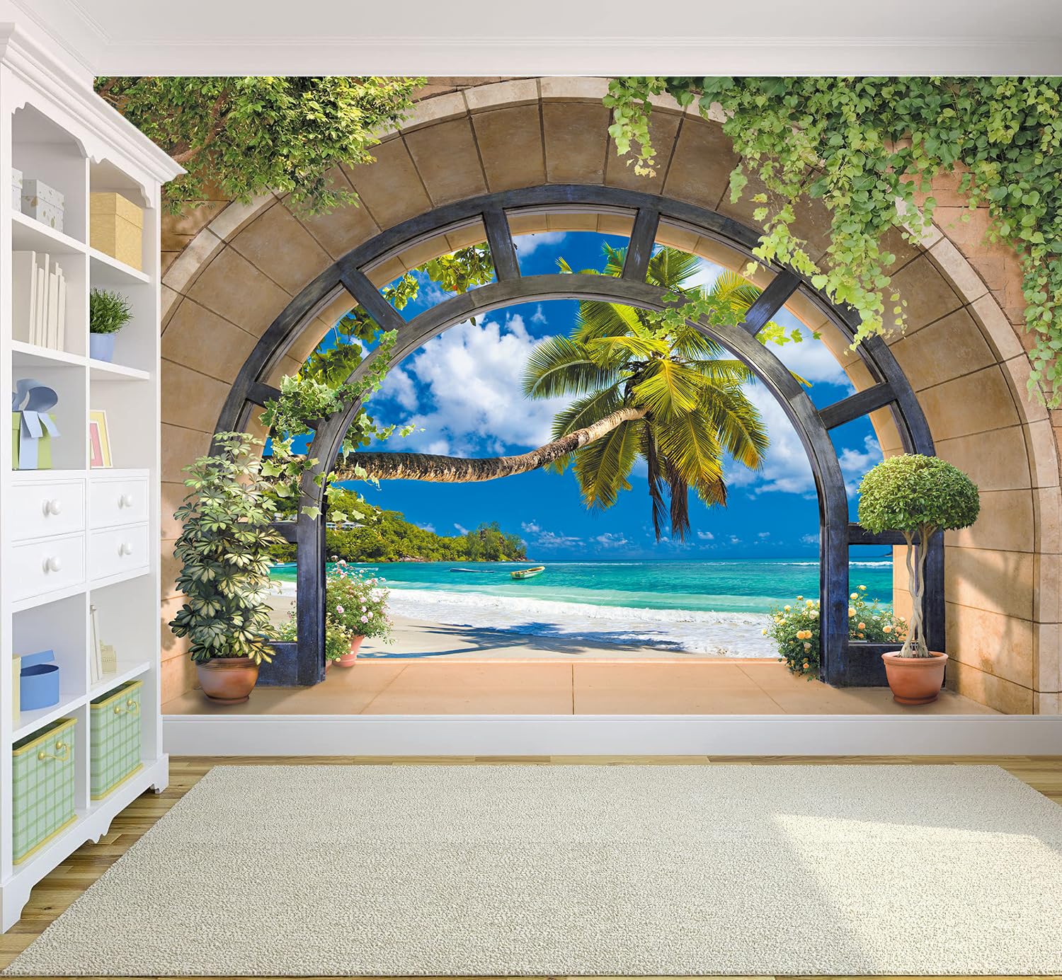 FLFK 3D Window Tropical Beach Palm Tree Peel and Stick Wall Mural - Self-Adhesive Wallpaper Poster for Bedroom, Living Room & Home Decor (118