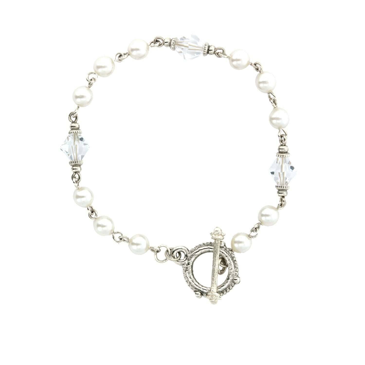 1928 Jewelry Crystal and Faux Pearl Toggle Bracelet - Elegant Vintage Style Jewelry for Women - Perfect for Weddings, Parties, and Special Occasions