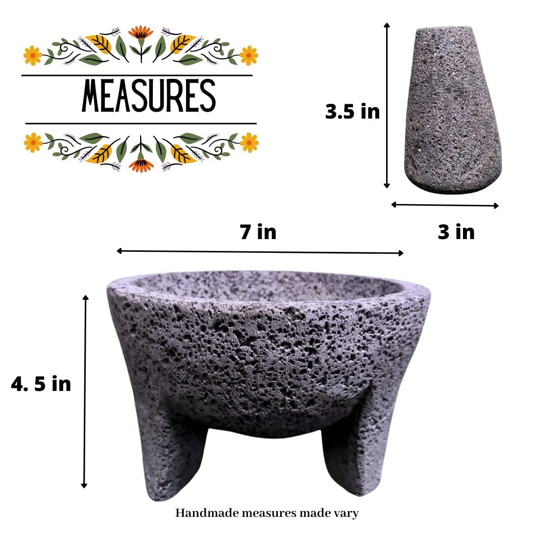 Premium 7-Inch Black Molcajete Mortar and Pestle Set - Natural Stone Spice Grinder, Garlic Crusher & Herb Mixing Bowl for Cooking, Pharmacy Pill Crushing & Traditional Mexican Cuisine | Perfect for Guacamole, Salsas & Seasoning Prep