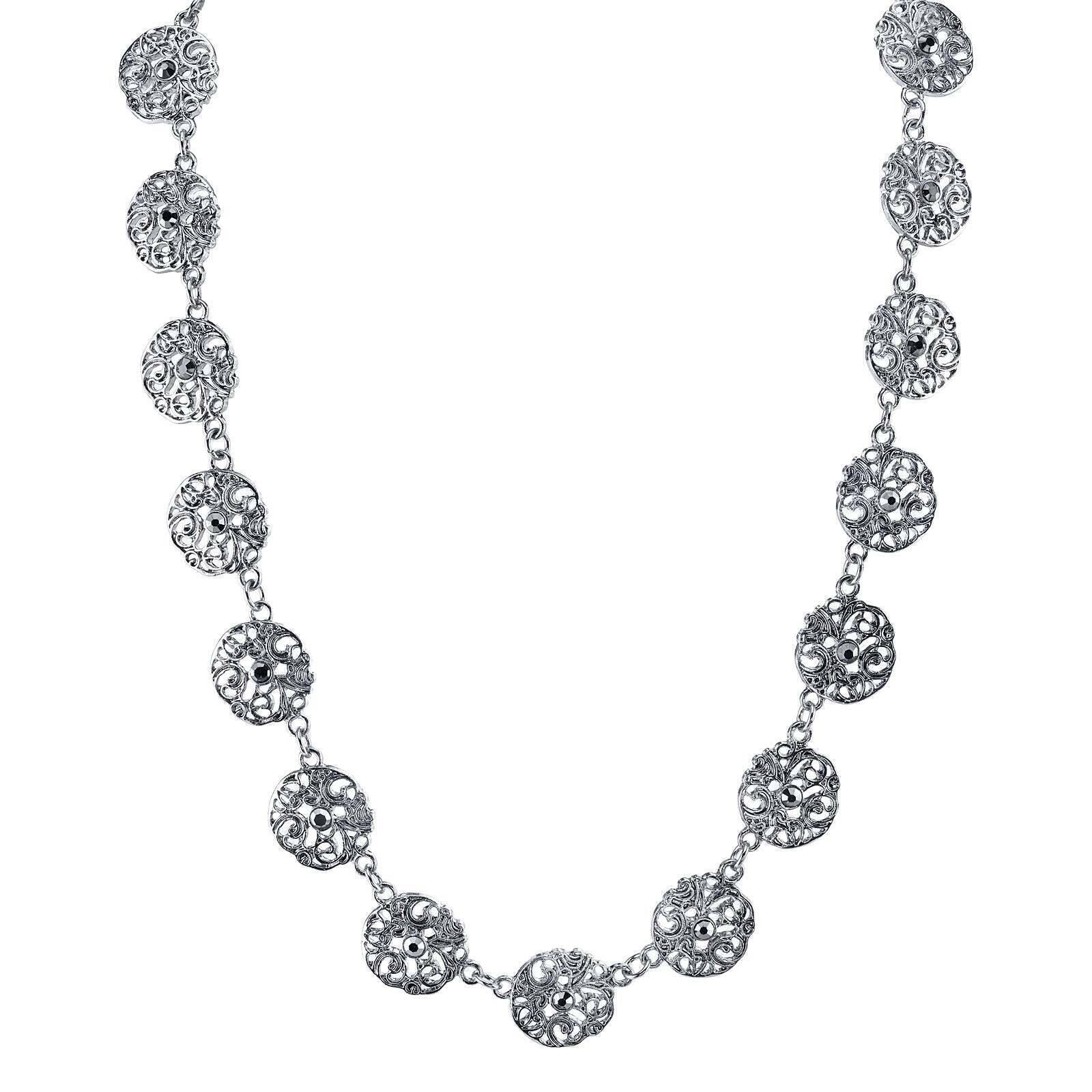 1928 Jewelry Hematite Crystal Filigree Disk Collar Necklace 16