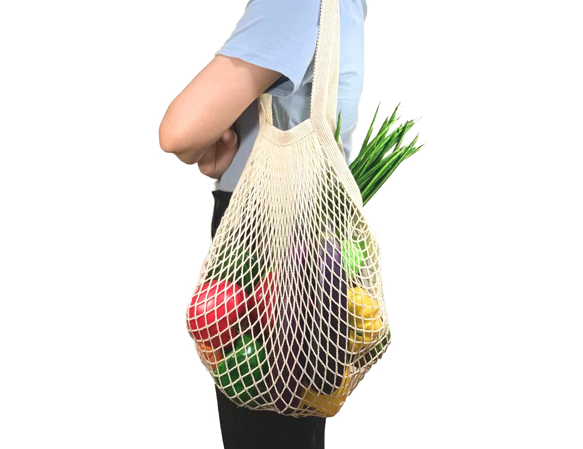 2 Pack Premium Mesh Grocery Bags - Reusable Cotton Produce Bags with Long Handles for Fruits & Vegetables | Washable & Durable Eco-Friendly Shopping Totes | Perfect for Farmers Market, Grocery Store & Zero Waste Lifestyle