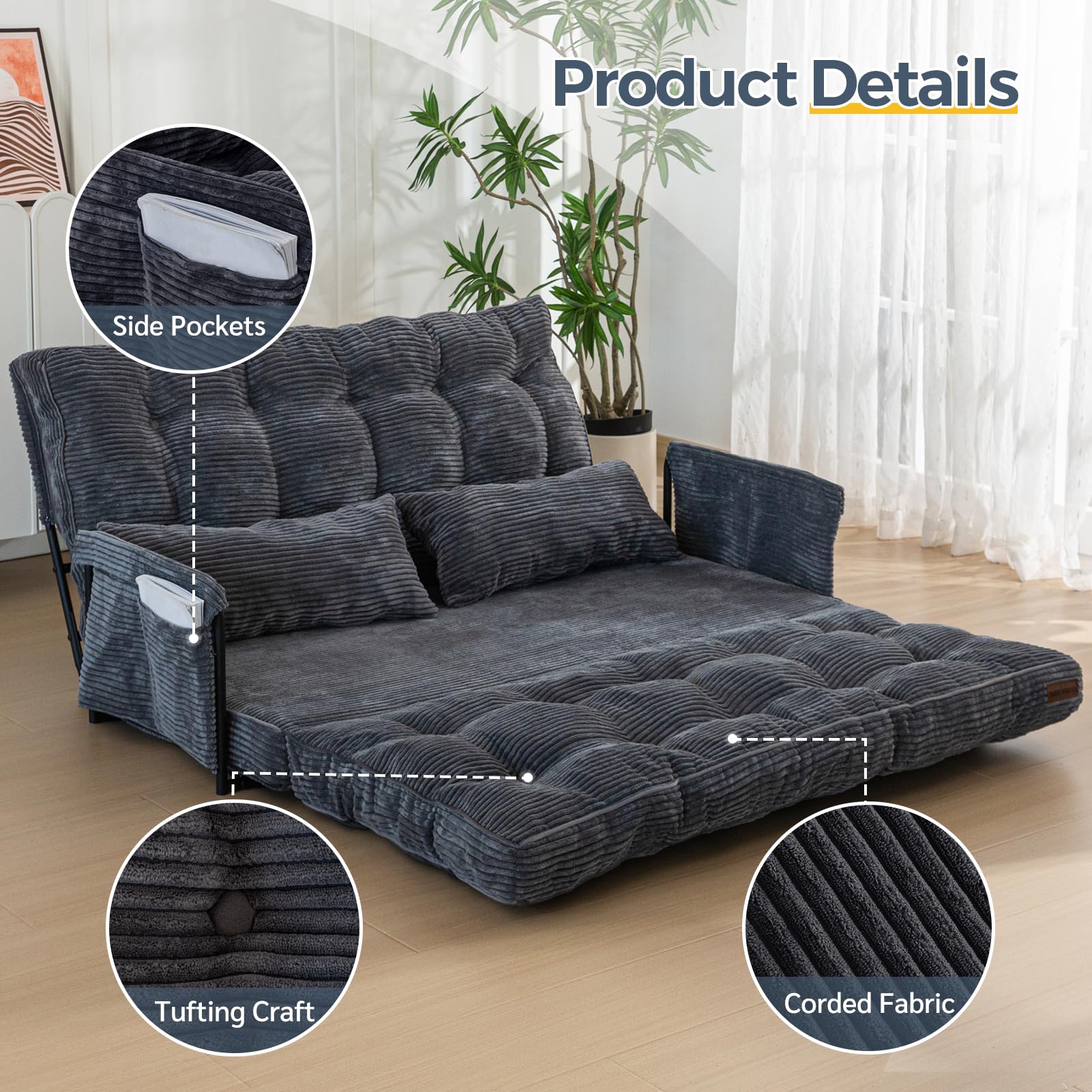 MAXYOYO Adjustable Floor Sofa Bed with 2 Pillows - Multi Functional Bean Bag Sleeper Bed with Armrest for Reading, Gaming & Lounging - Dark Grey - Perfect for Small Spaces, Dorm Rooms & Home Theater Seating