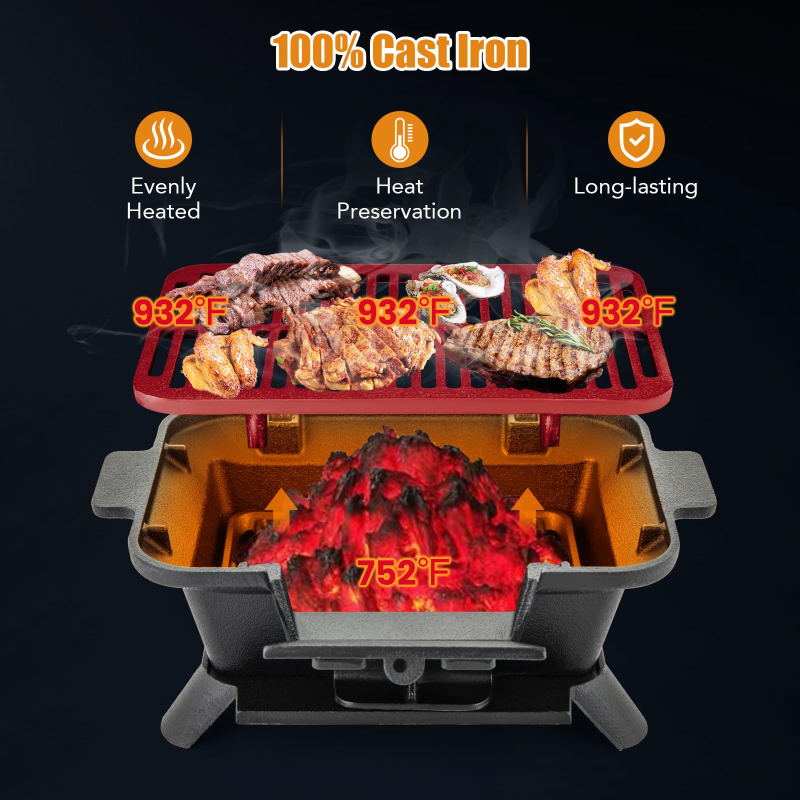 Giantex Portable Charcoal Hibachi Grill - Double-Sided Cast Iron BBQ Grill with Adjustable Air Vent, Fire Gate & Grate Lifter - Perfect for Outdoor Cooking, Camping, Picnics & Backyard Barbecues
